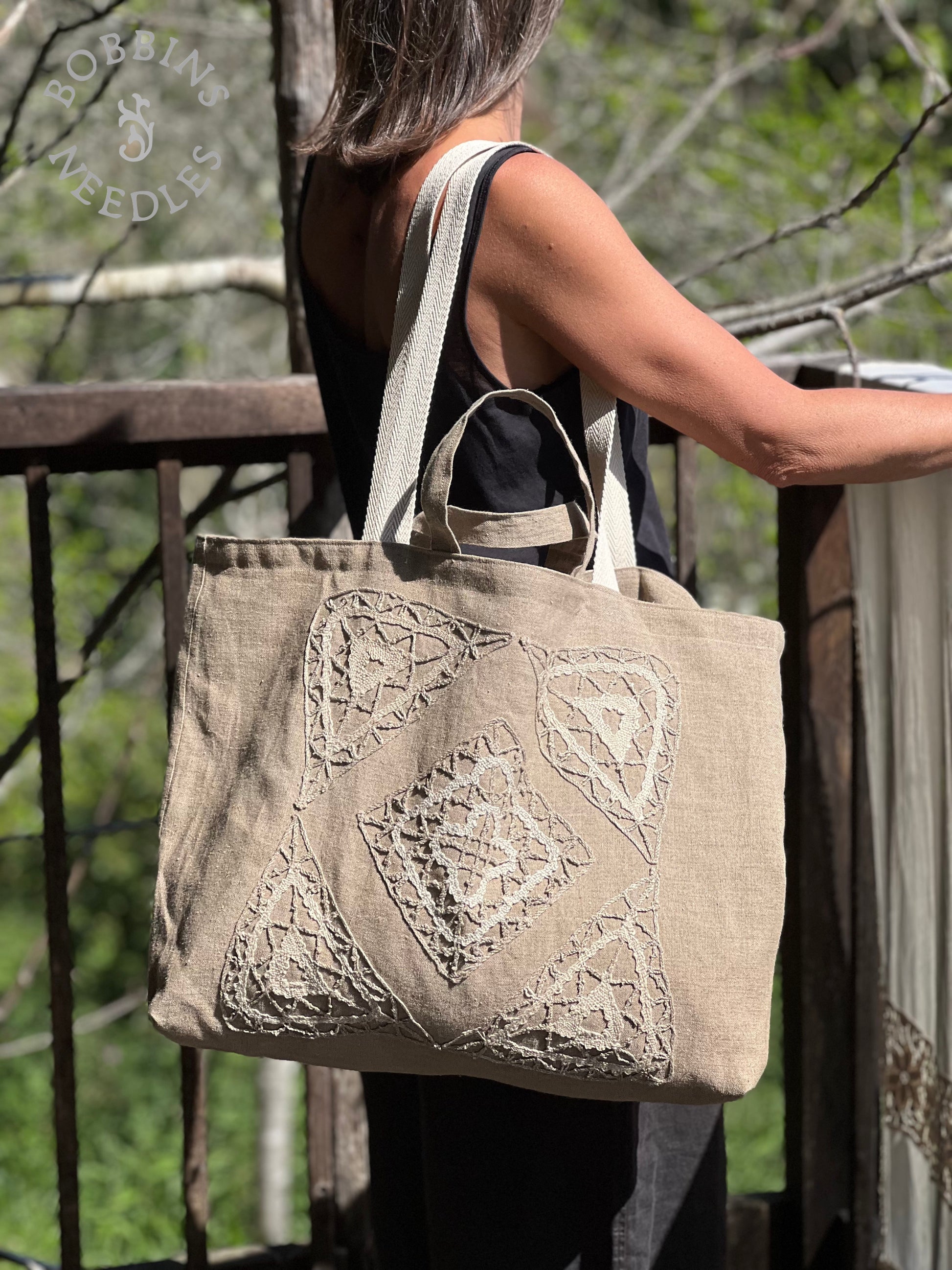 Large Tote Bag in Vintage Belgian Linen | Handmade Limited Edition | Taupe Grey - Bobbins&Needles