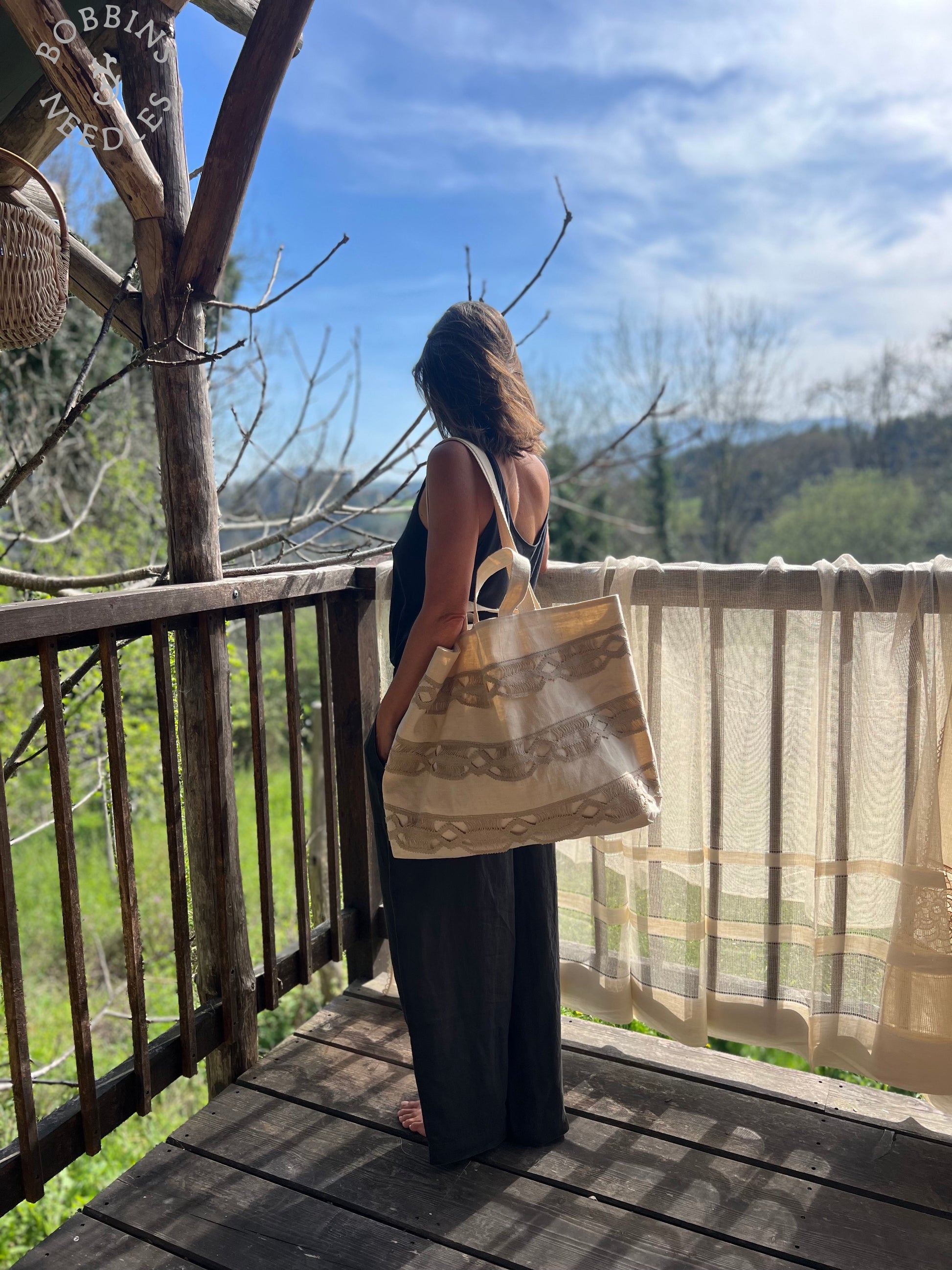 Large Tote Bag in Antique French Métis Linen  | Handmade Limited Edition - Bobbins&Needles