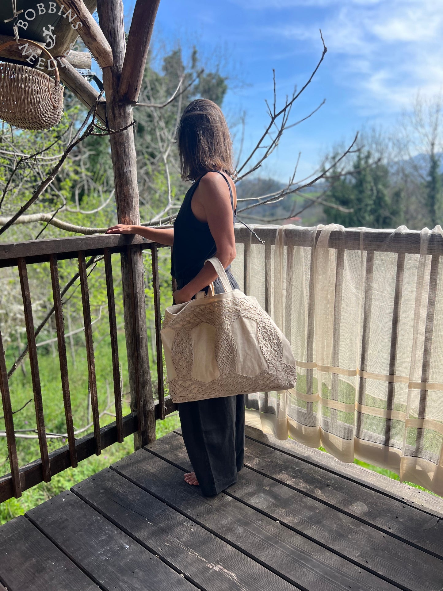 Large Tote Bag in Antique French Métis Linen  | Handmade Limited Edition - Bobbins&Needles