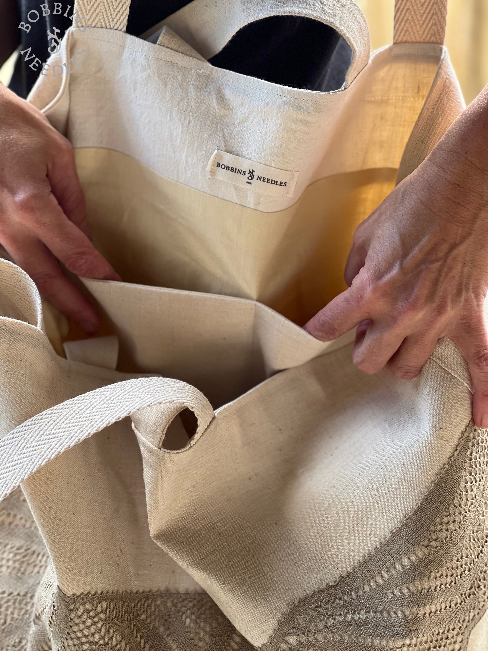 Large Tote Bag in Antique French Métis Linen  | Handmade Limited Edition  | Natural Cream - Bobbins&Needles