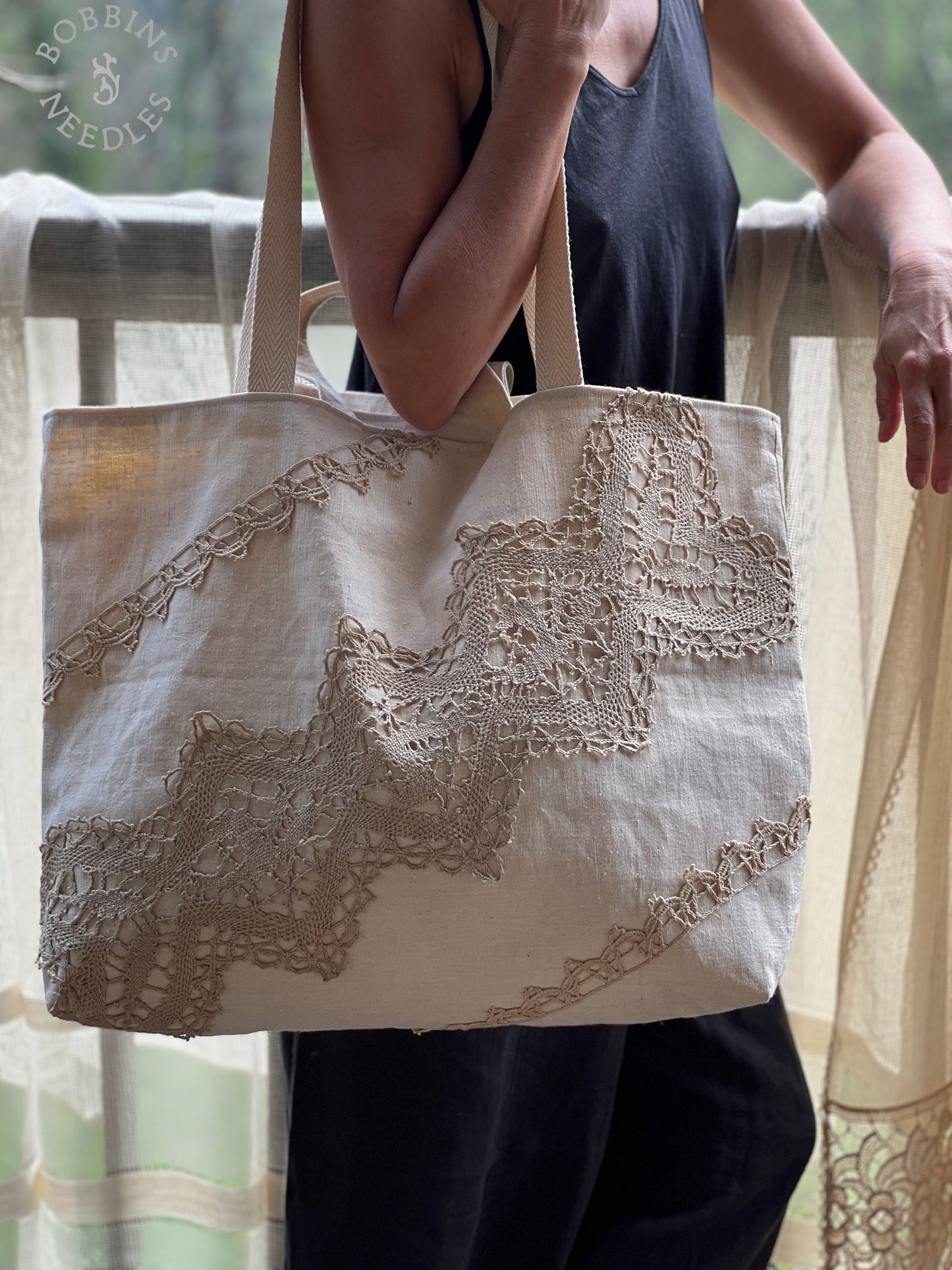 Large Tote Bag in Antique French Métis Linen  | Handmade Limited Edition - Bobbins&Needles