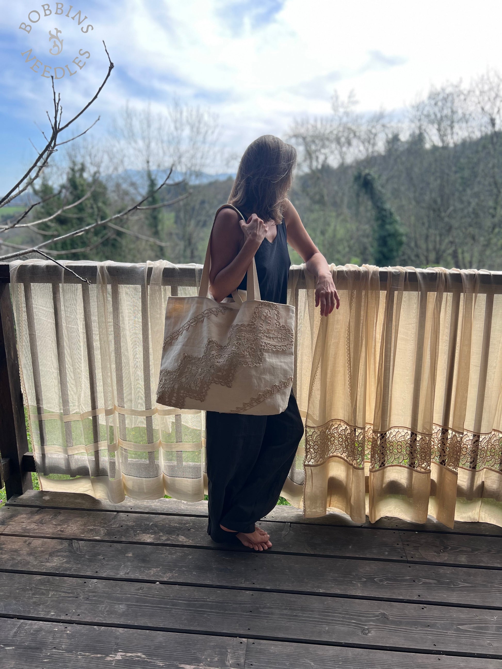Large Tote Bag in Antique French Métis Linen  | Handmade Limited Edition - Bobbins&Needles