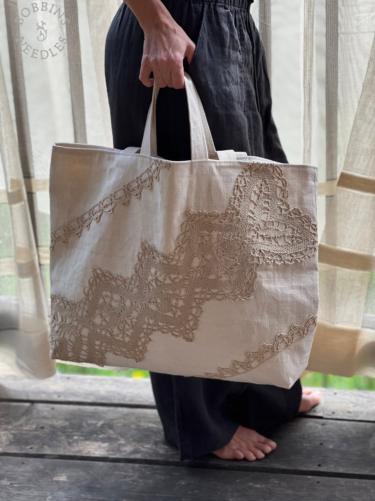 Large Tote Bag in Antique French Métis Linen  | Handmade Limited Edition - Bobbins&Needles