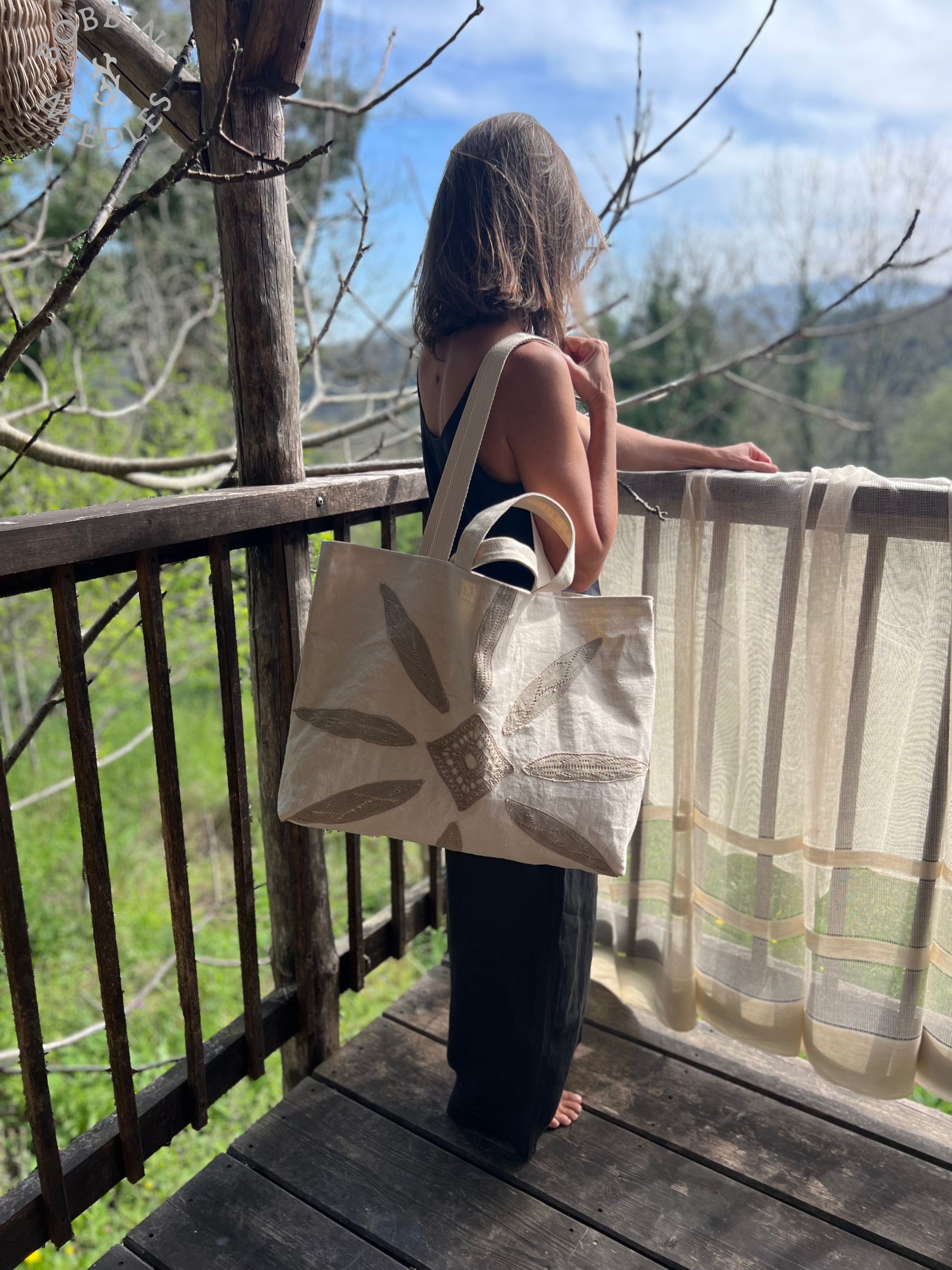 Large Tote Bag in Antique French Métis Linen  | Handmade Limited Edition  | Natural Cream - Bobbins&Needles