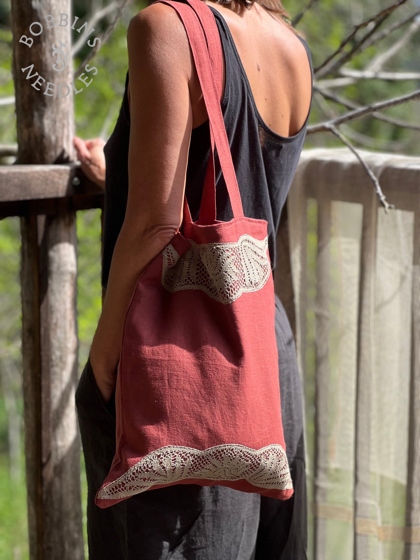 Linen Tote Bag | European Linen | Handmade | Dusty coral | One of a Kind - Bobbins&Needles