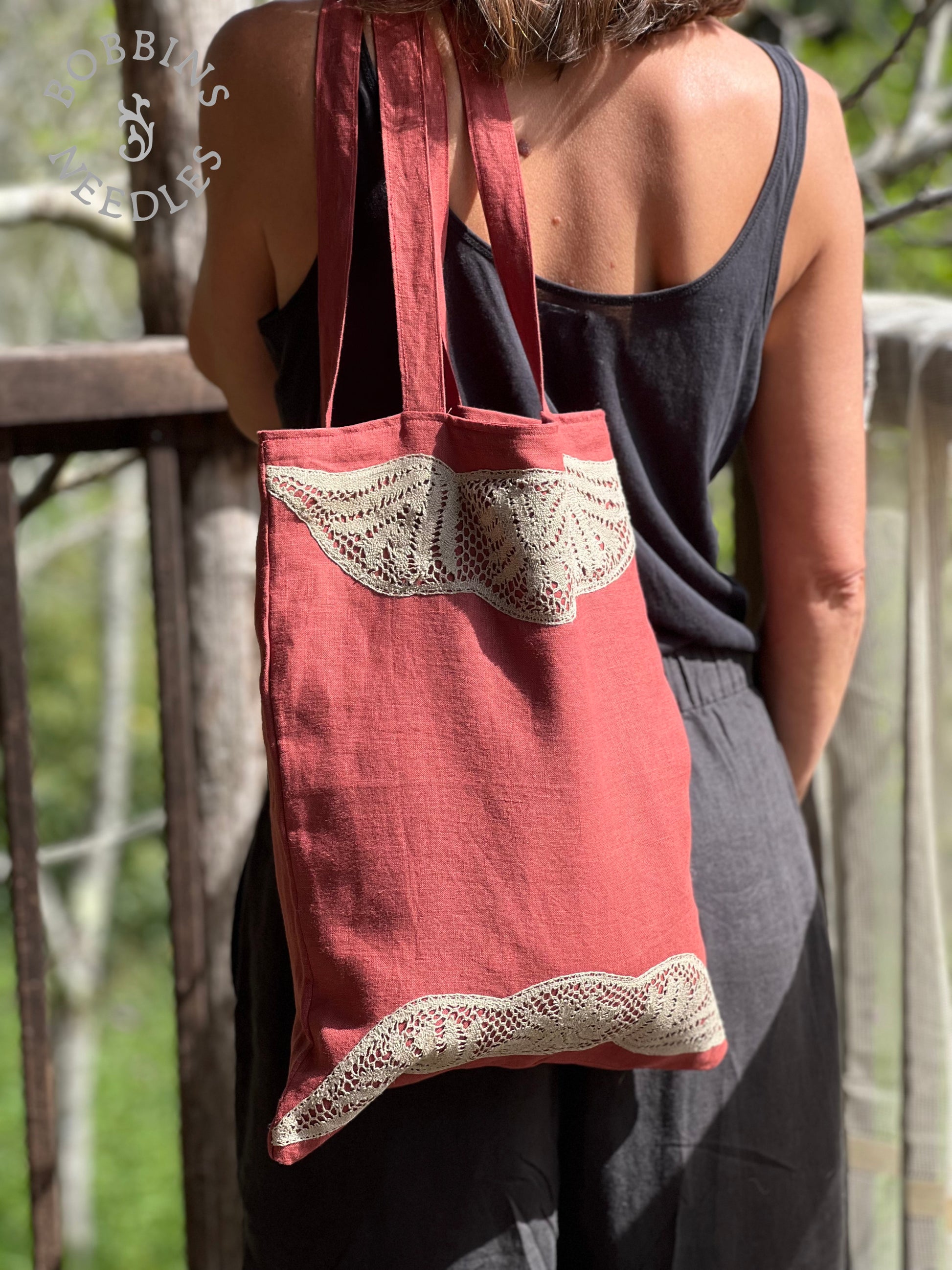 Linen Tote Bag | European Linen | Handmade | Dusty coral | One of a Kind - Bobbins&Needles