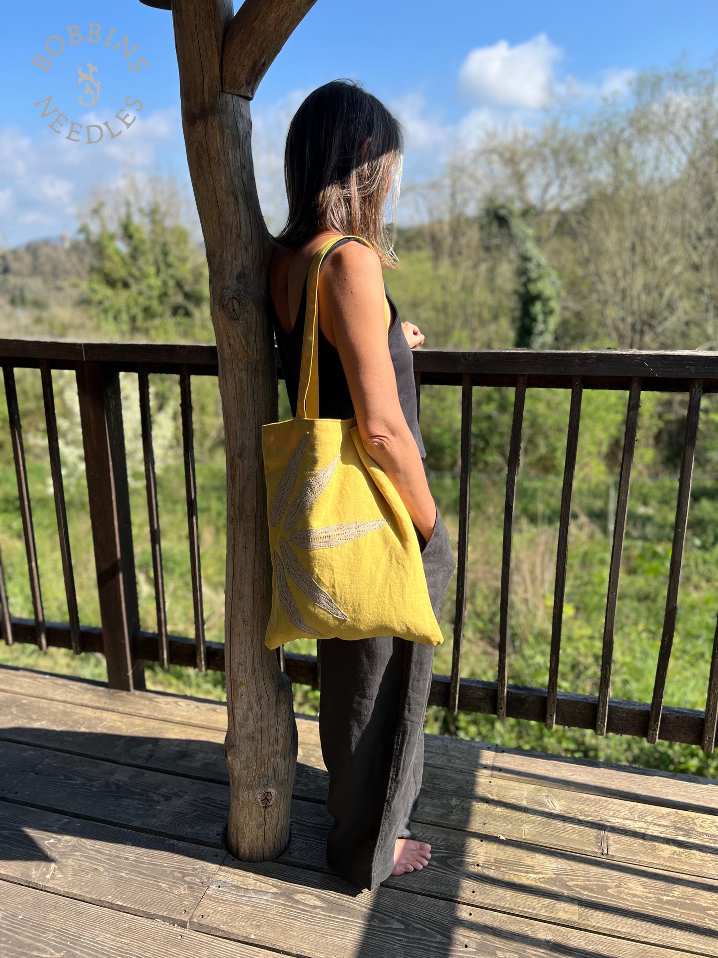 Linen Tote Bag | European Linen | Mustard Yellow | One of a Kind - Bobbins&Needles