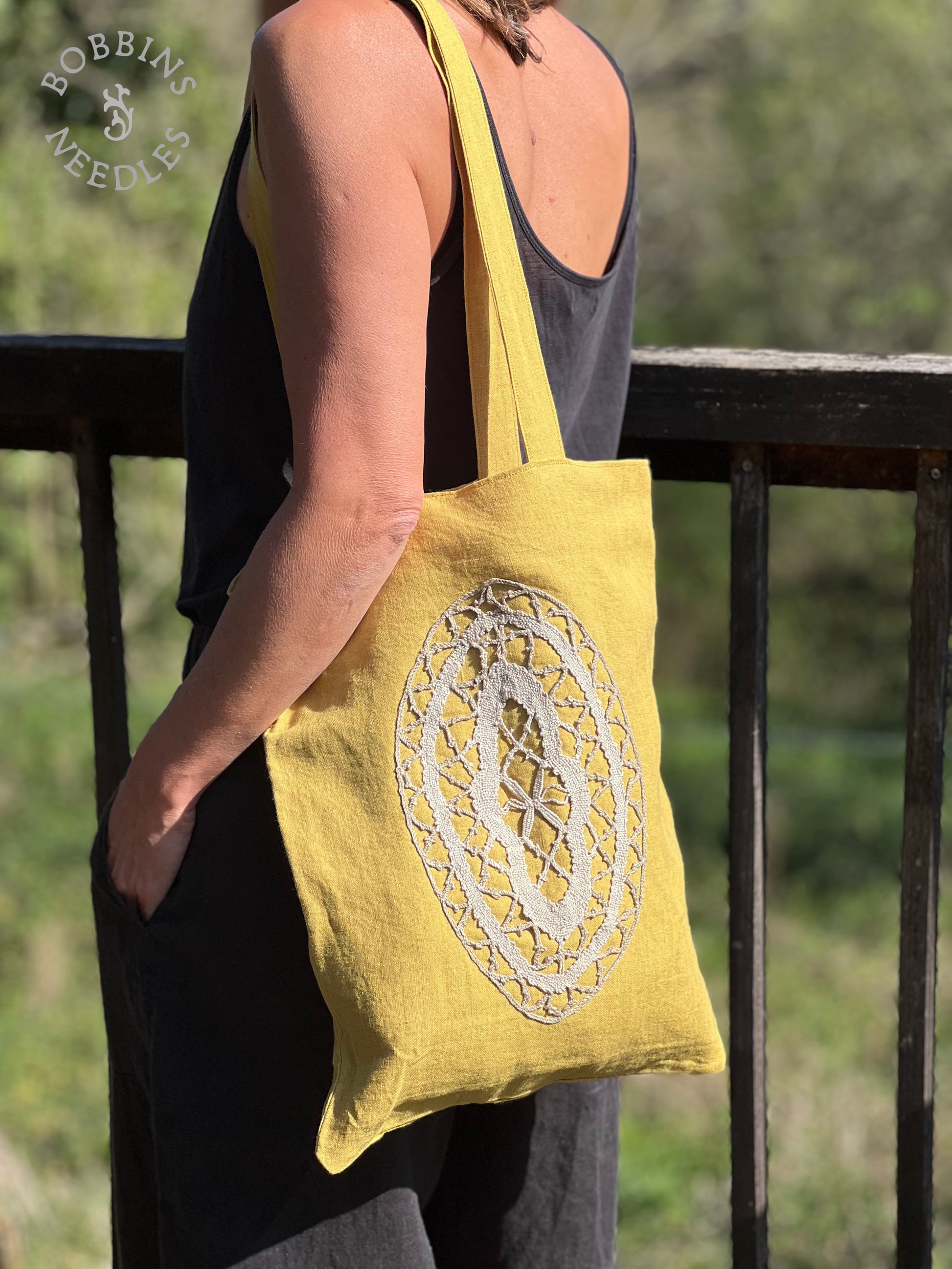 Linen Tote Bag | European Linen | Handmade | Mustard Yellow - Bobbins&Needles