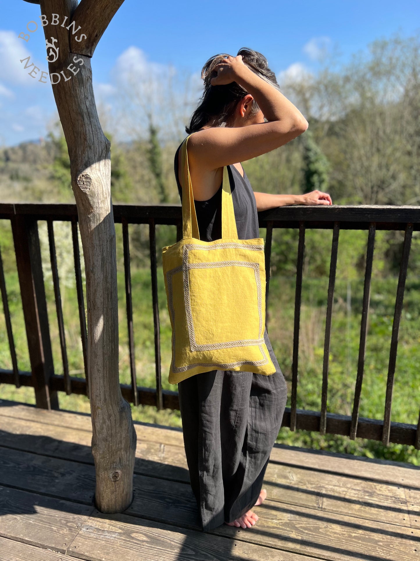 Linen Tote Bag | European Linen | Mustard Yellow | One of a Kind - Bobbins&Needles