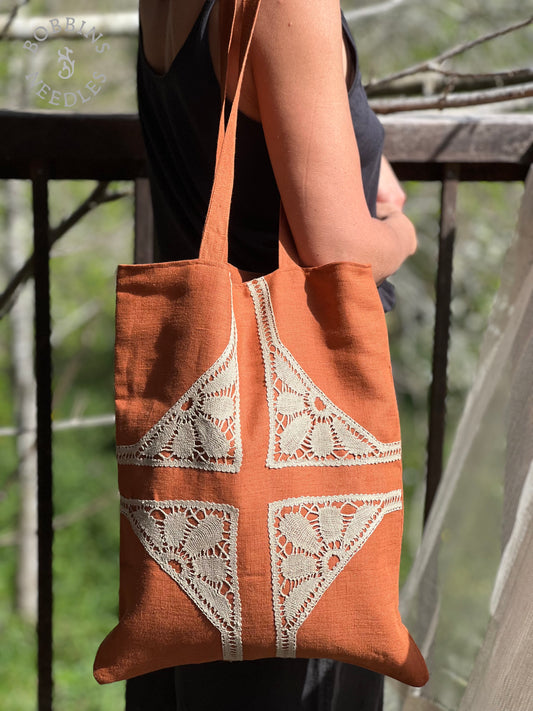 Linen Tote Bag | European Linen | Terracota | One of a Kind - Bobbins&Needles