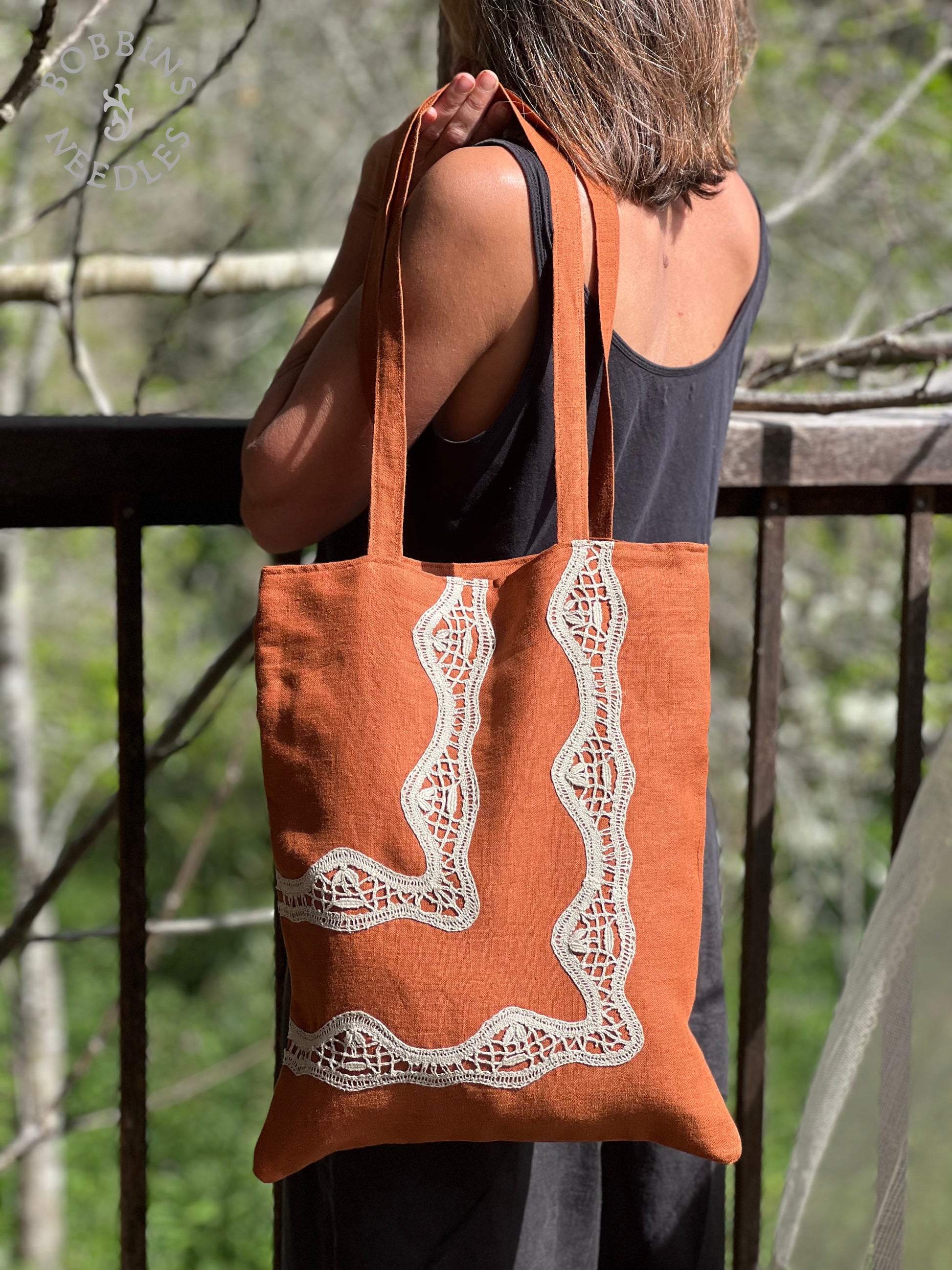 Terracota Linen Tote Bag | European Linen | Handmade | One of a Kind - Bobbins&Needles