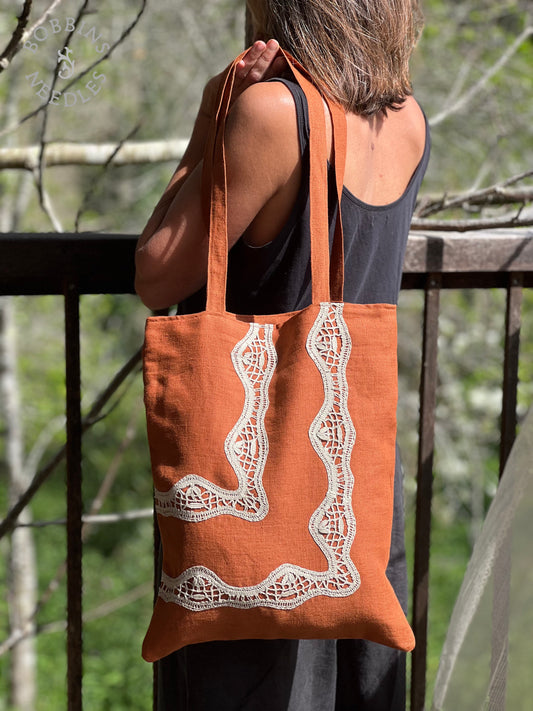 Terracota Linen Tote Bag | European Linen | Handmade | One of a Kind - Bobbins&Needles