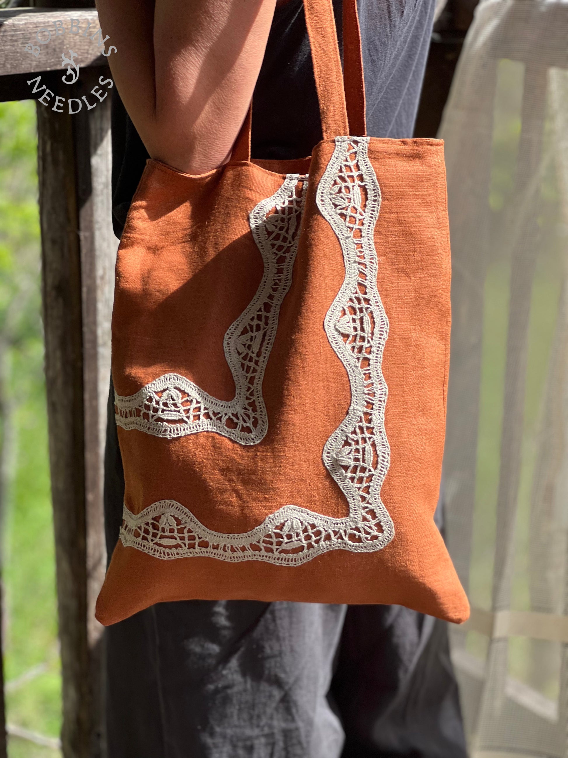 Terracota Linen Tote Bag | European Linen | Handmade | One of a Kind - Bobbins&Needles