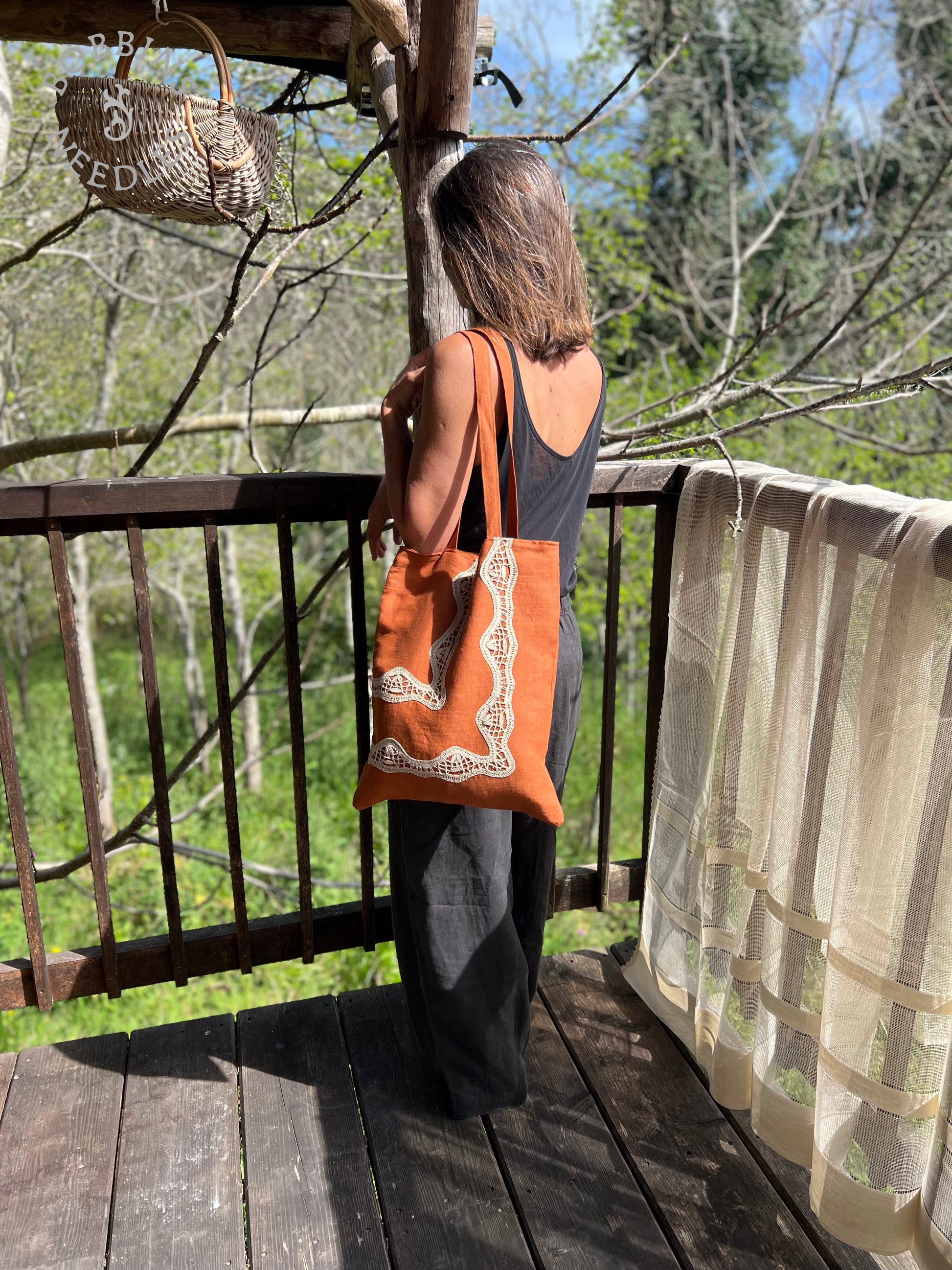 Terracota Linen Tote Bag | European Linen | Handmade | One of a Kind - Bobbins&Needles