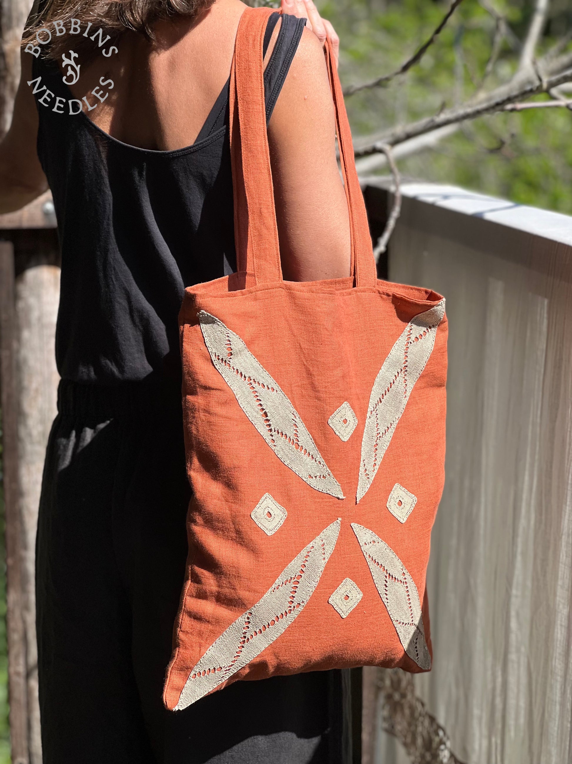 Linen Tote Bag | European Linen | Handmade Lace | Terracota - Bobbins&Needles