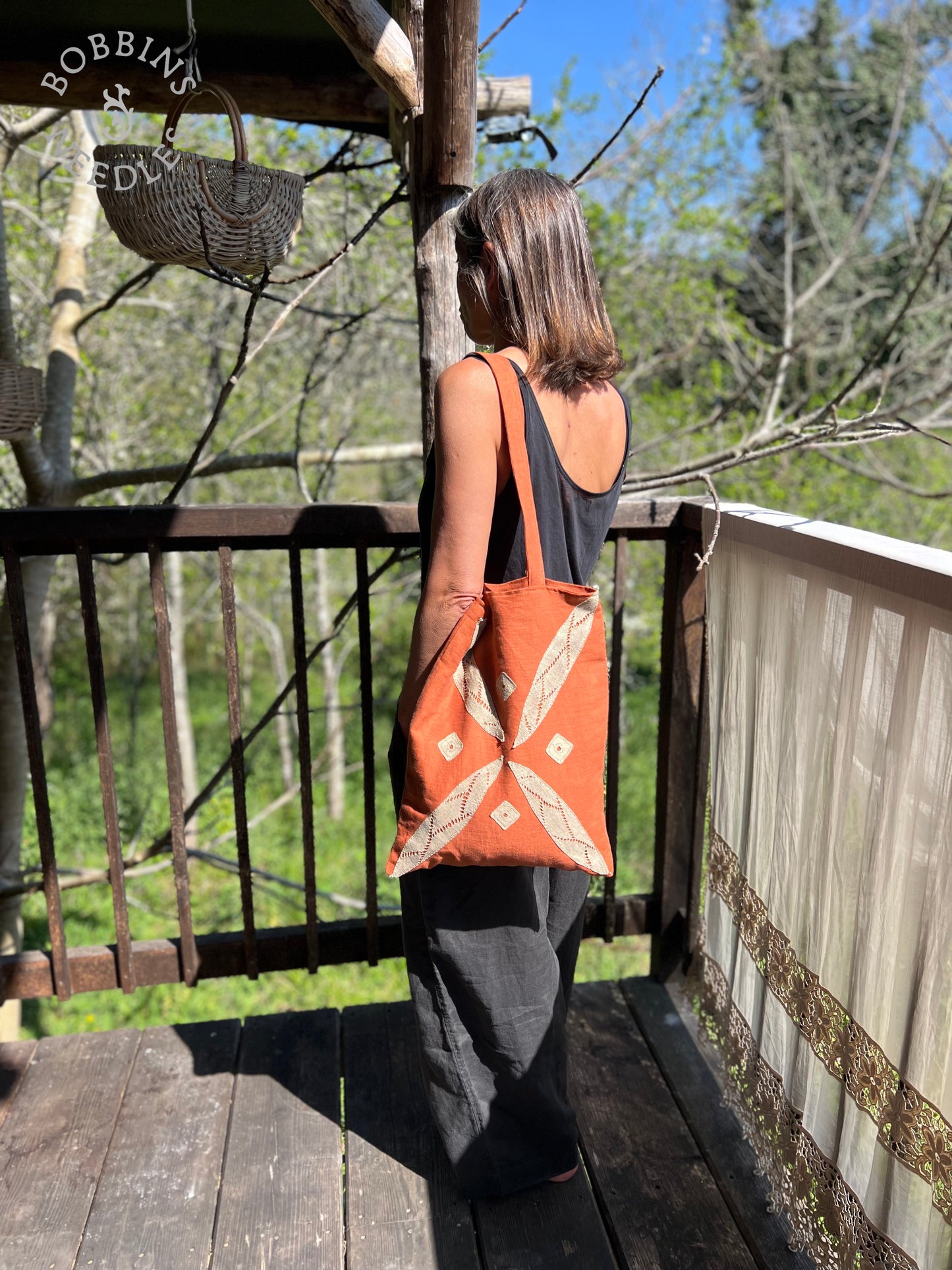 Linen Tote Bag | European Linen | Handmade Lace | Terracota - Bobbins&Needles