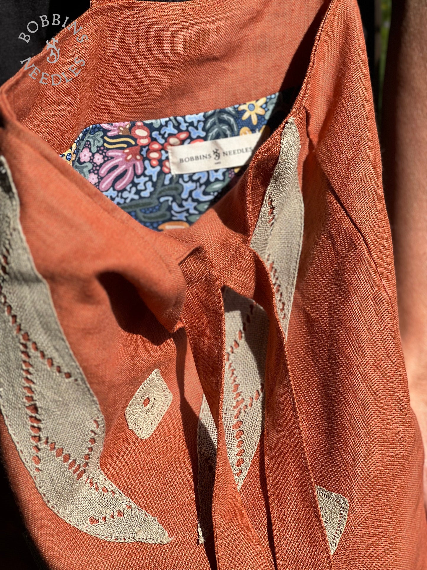Linen Tote Bag | European Linen | Handmade Lace | Terracota - Bobbins&Needles