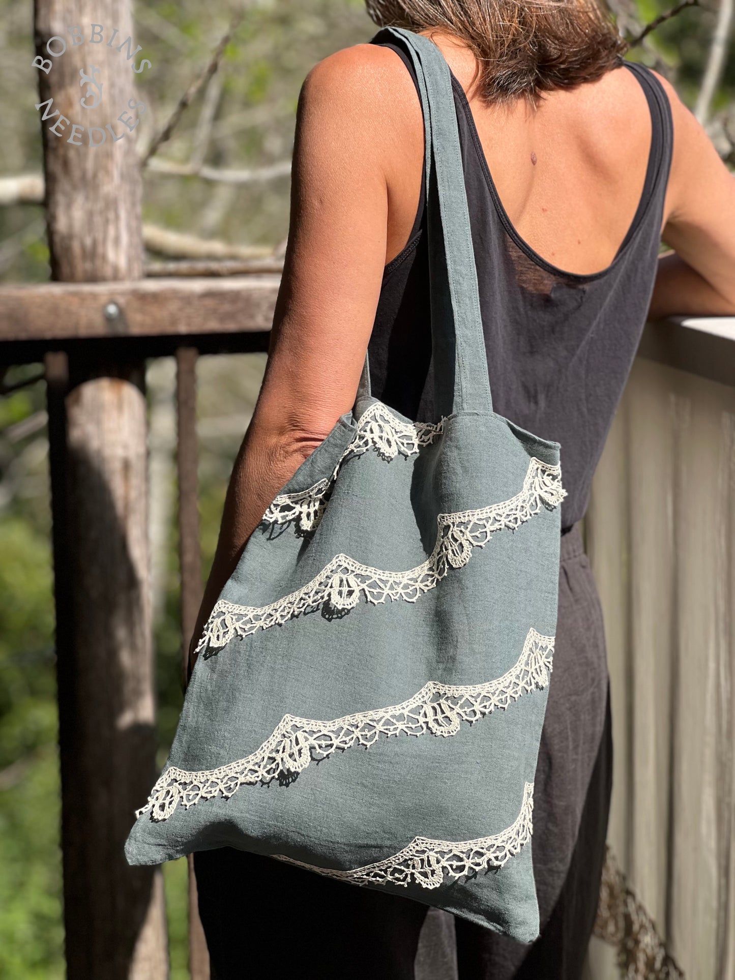 Linen Tote Bag | European Linen | Handmade | One of a Kind | Dusty teal - Bobbins&Needles