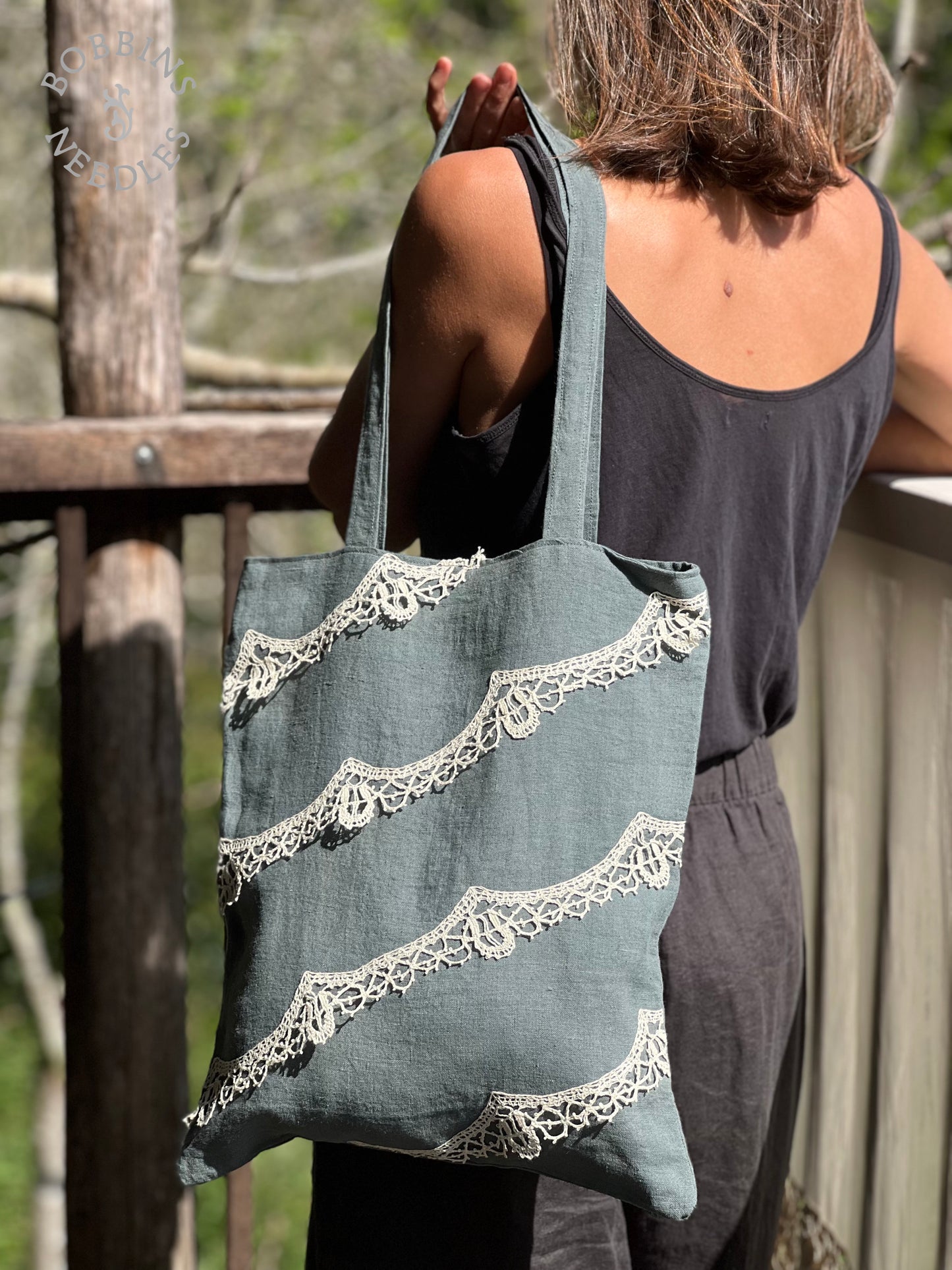 Linen Tote Bag | European Linen | Handmade | One of a Kind | Dusty teal - Bobbins&Needles
