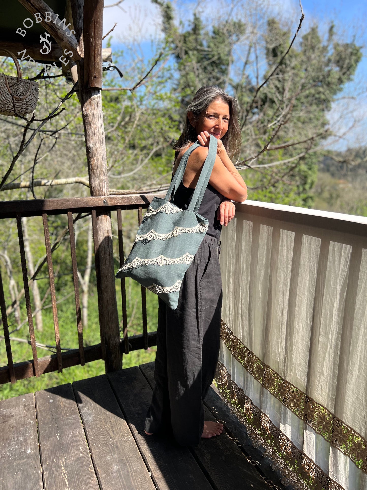 Linen Tote Bag | European Linen | Handmade | One of a Kind | Dusty teal - Bobbins&Needles