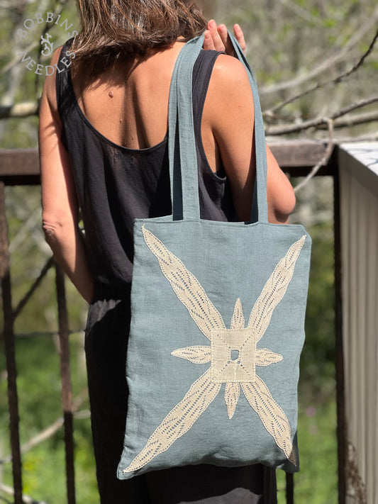 Linen Tote Bag | European Linen | Dusty Teal | One of a Kind - Bobbins&Needles