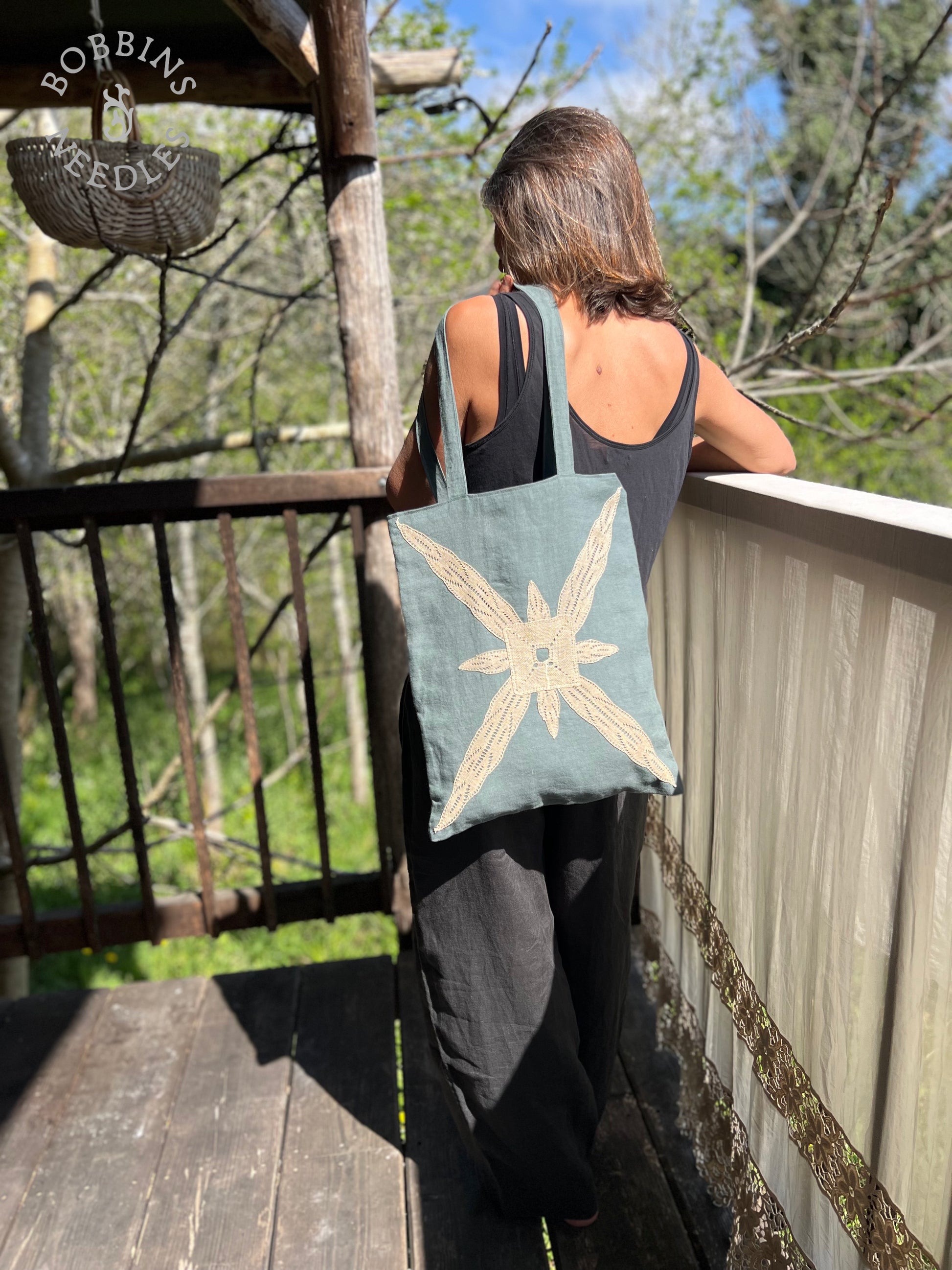 Linen Tote Bag | European Linen | Dusty Teal | One of a Kind - Bobbins&Needles