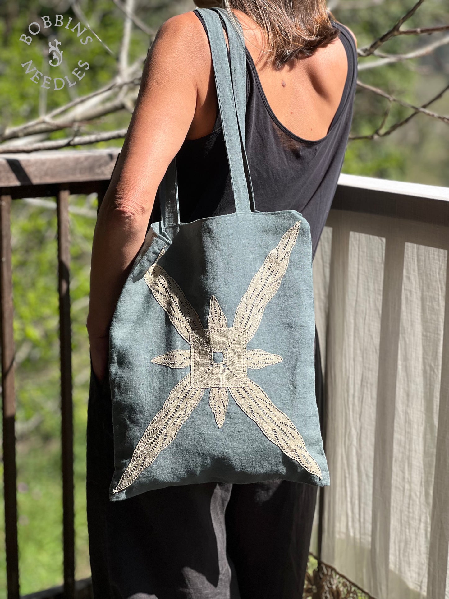 Linen Tote Bag | European Linen | Dusty Teal | One of a Kind - Bobbins&Needles