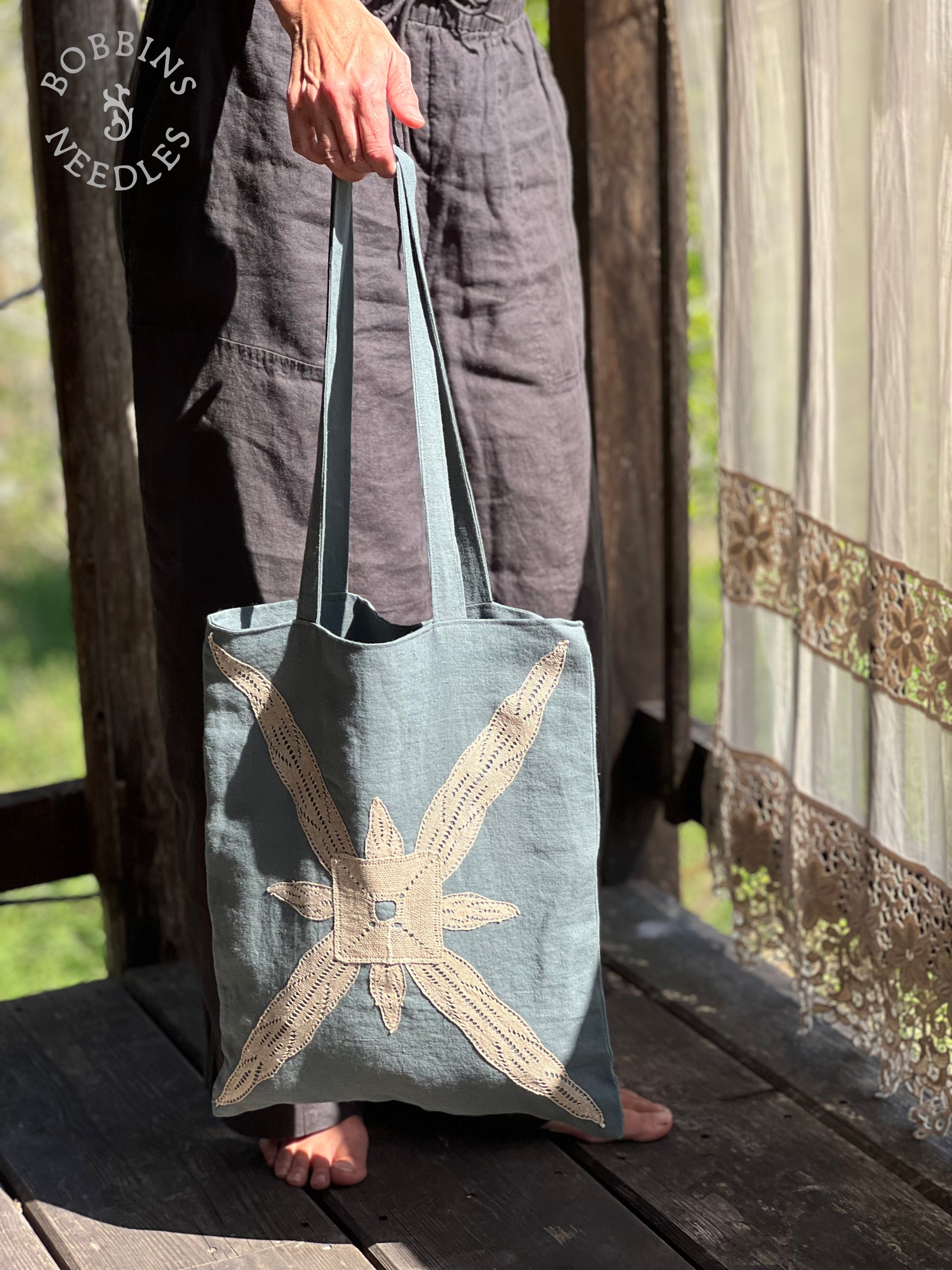 Linen Tote Bag | European Linen | Dusty Teal | One of a Kind - Bobbins&Needles