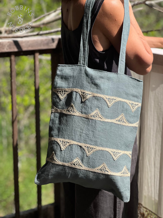 Linen Tote Bag | European Linen | Dusty Teal | One of a Kind - Bobbins&Needles