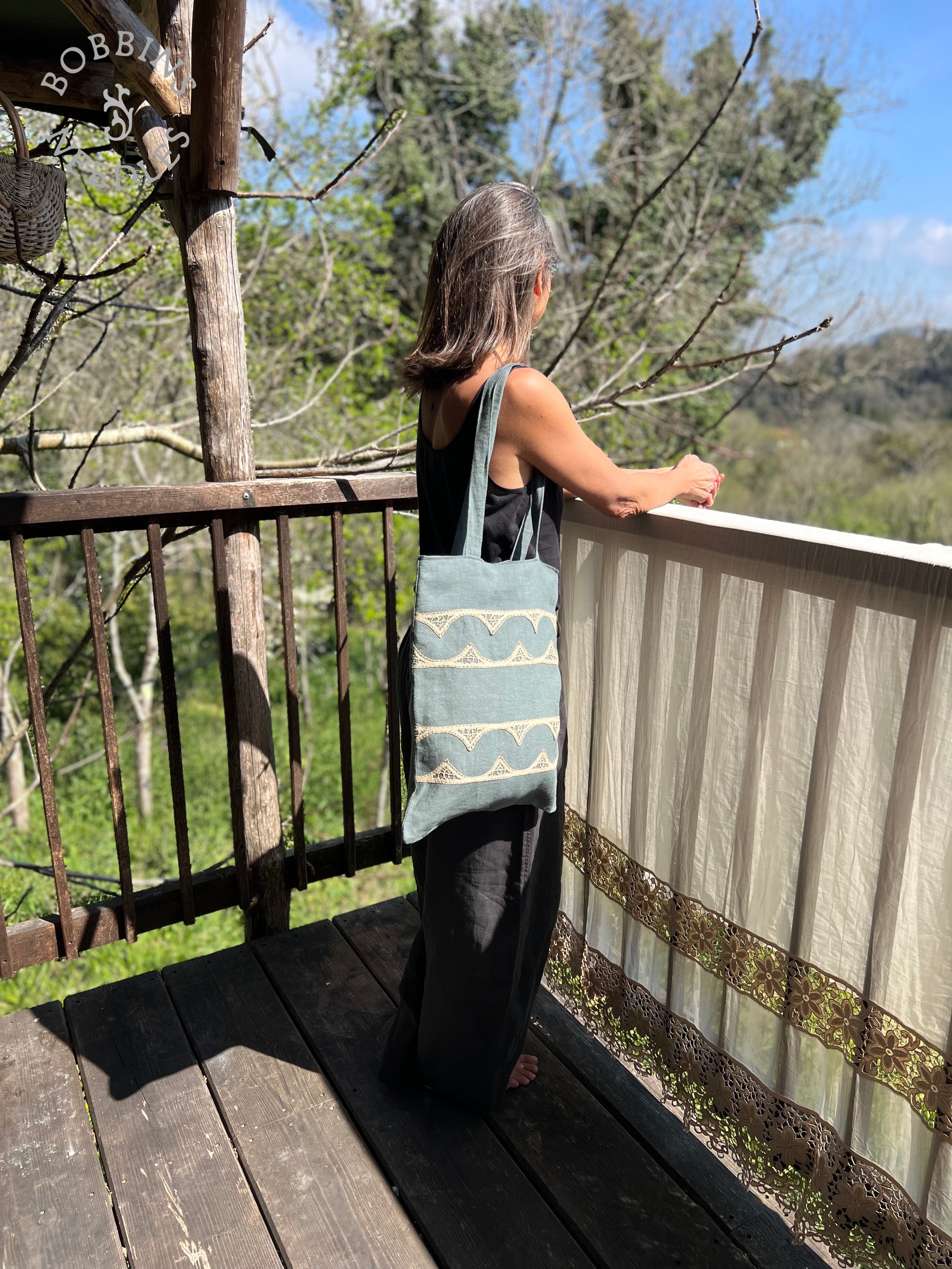Linen Tote Bag | European Linen | Dusty Teal | One of a Kind - Bobbins&Needles