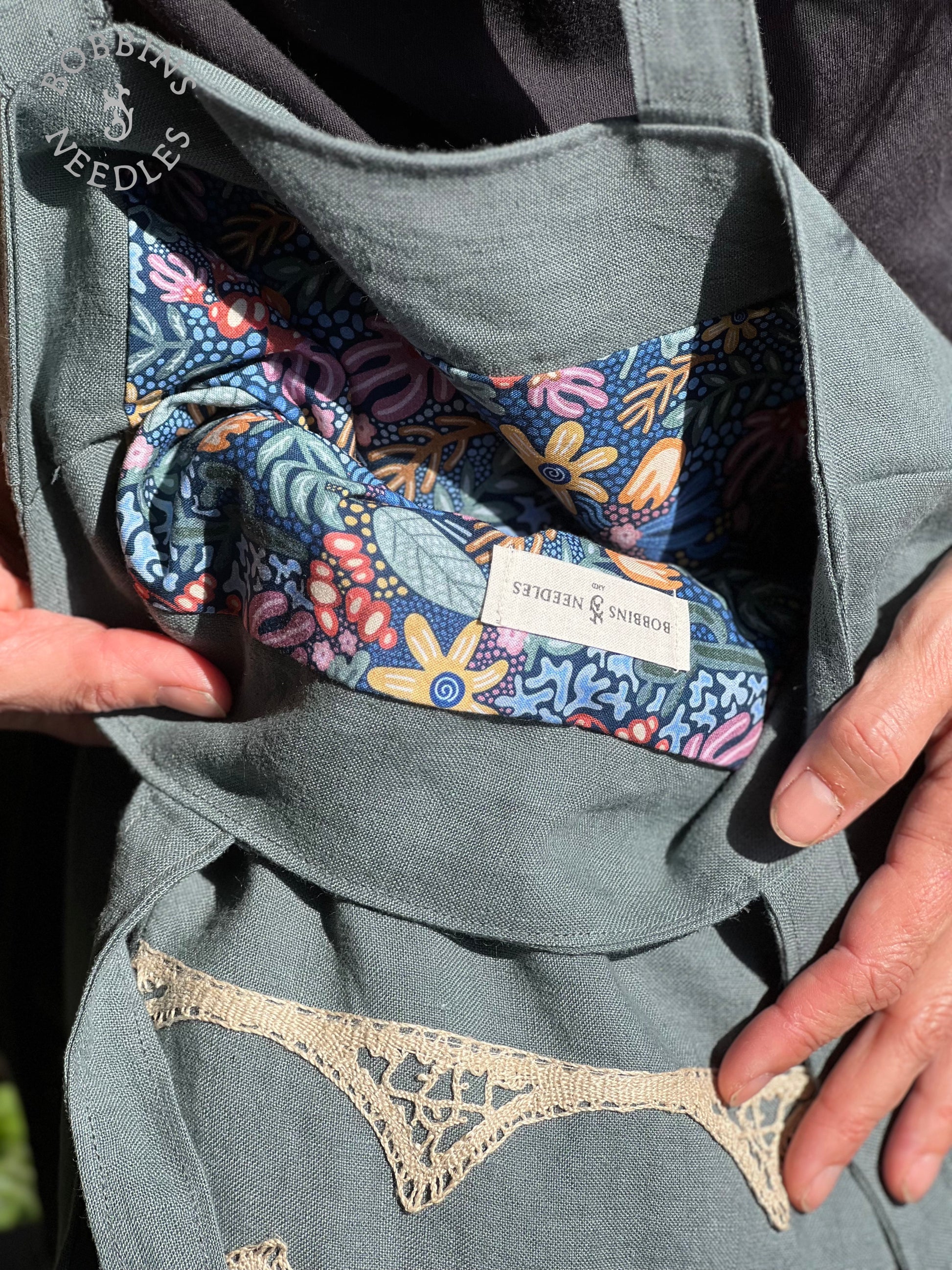 Linen Tote Bag | European Linen | Dusty Teal | One of a Kind - Bobbins&Needles