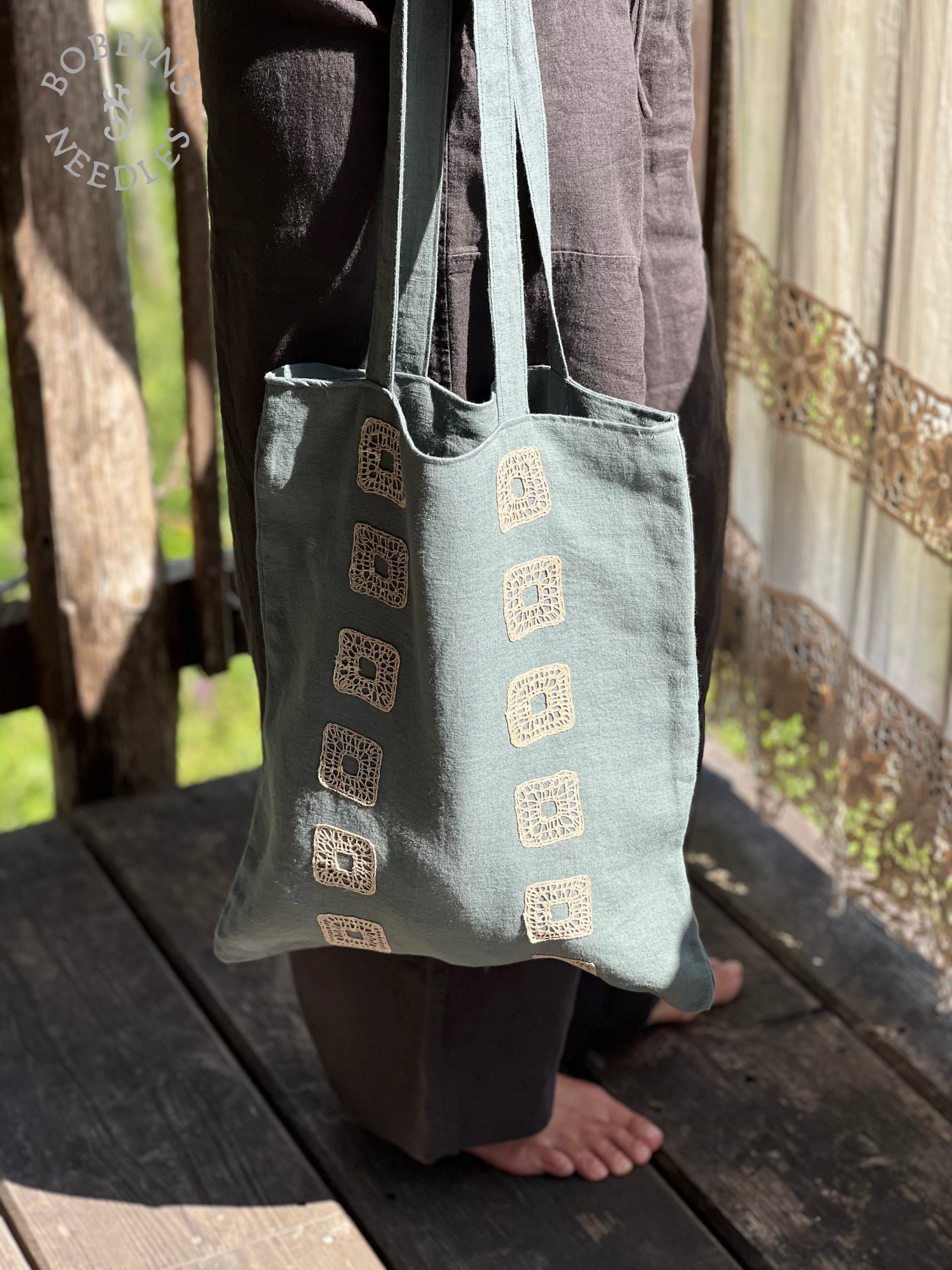 Dusty Teal Linen Tote Bag | European Linen | Handmade | One of a Kind - Bobbins&Needles