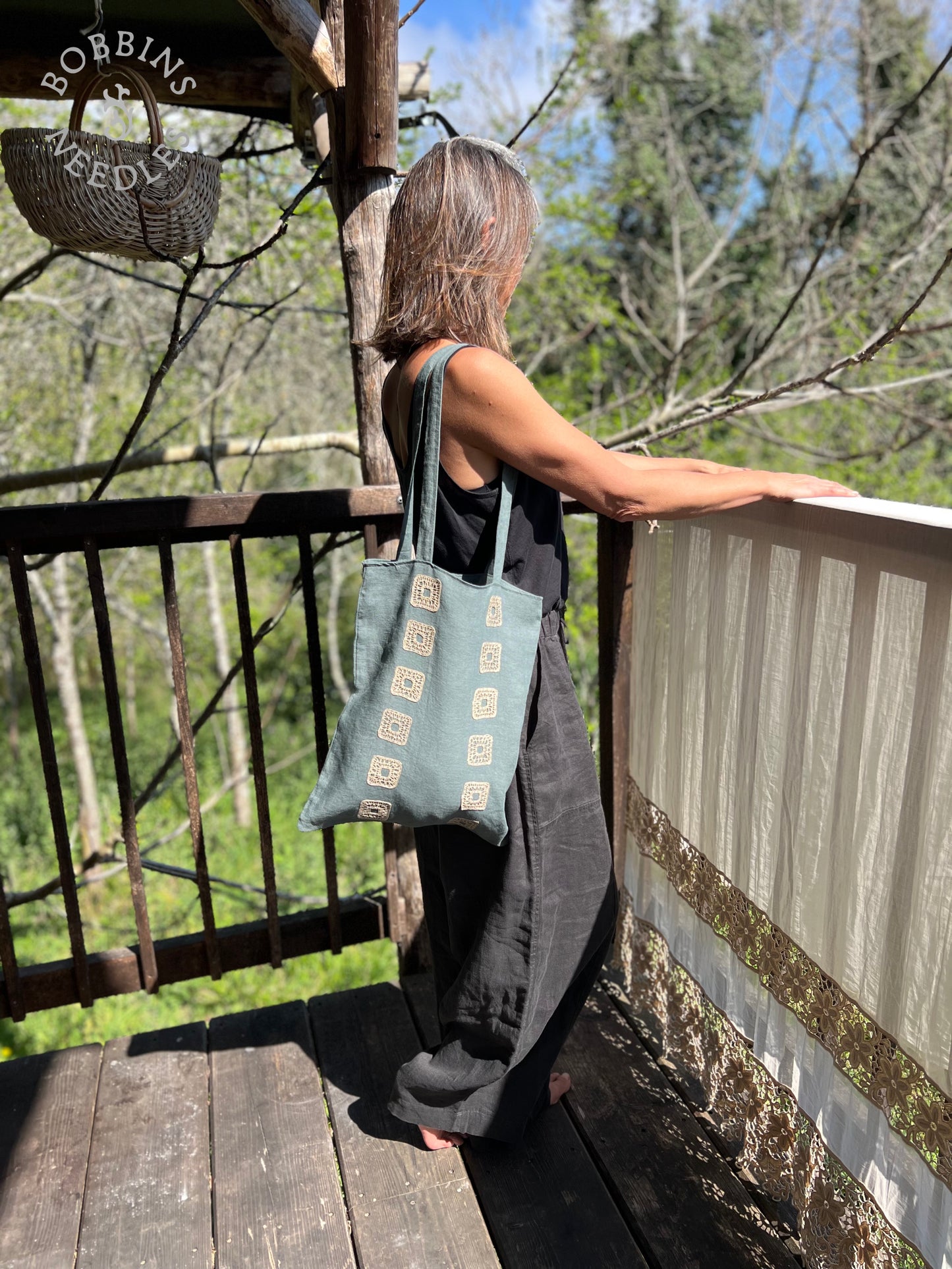 Dusty Teal Linen Tote Bag | European Linen | Handmade | One of a Kind - Bobbins&Needles