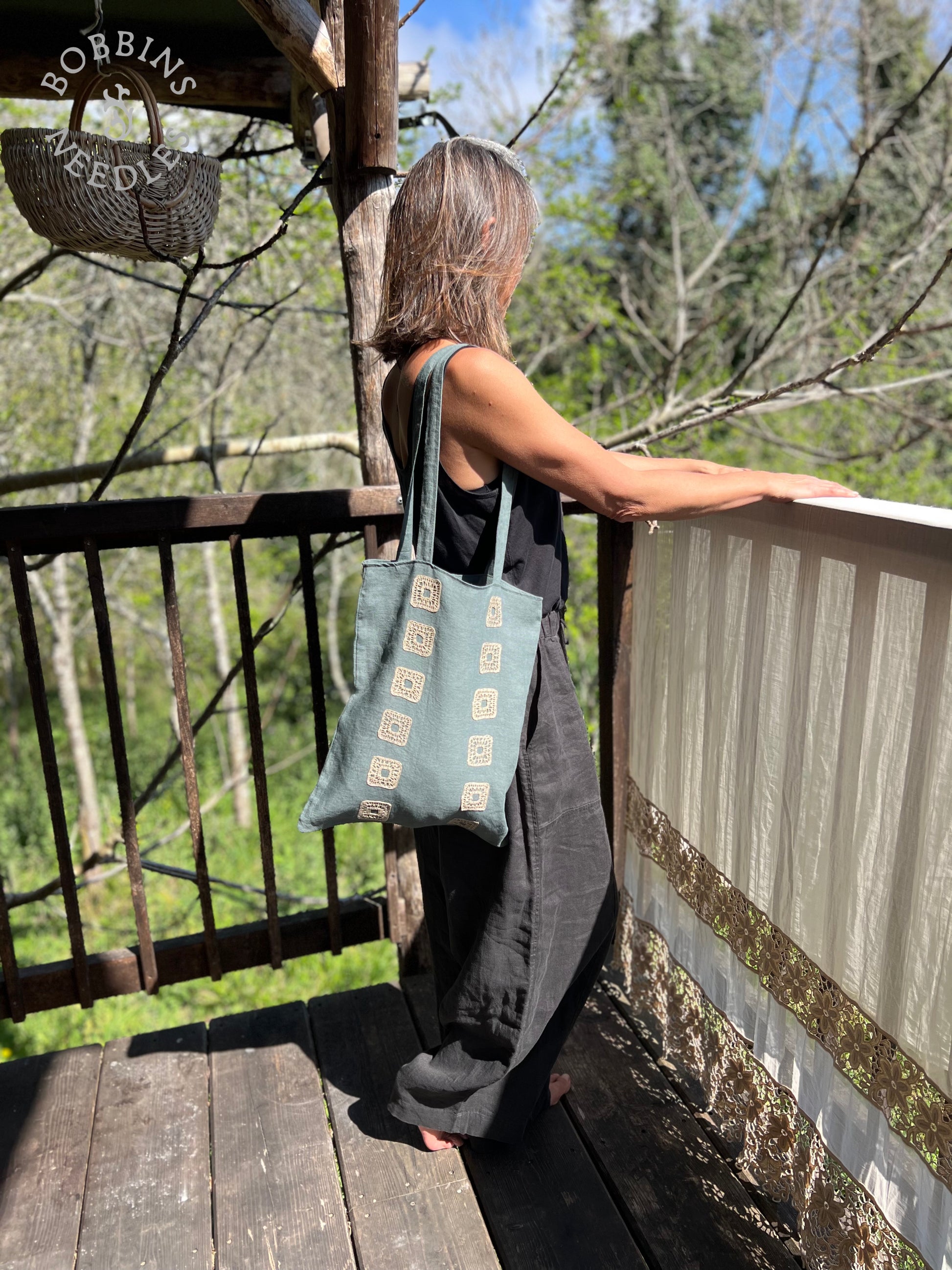 Dusty Teal Linen Tote Bag | European Linen | Handmade | One of a Kind - Bobbins&Needles