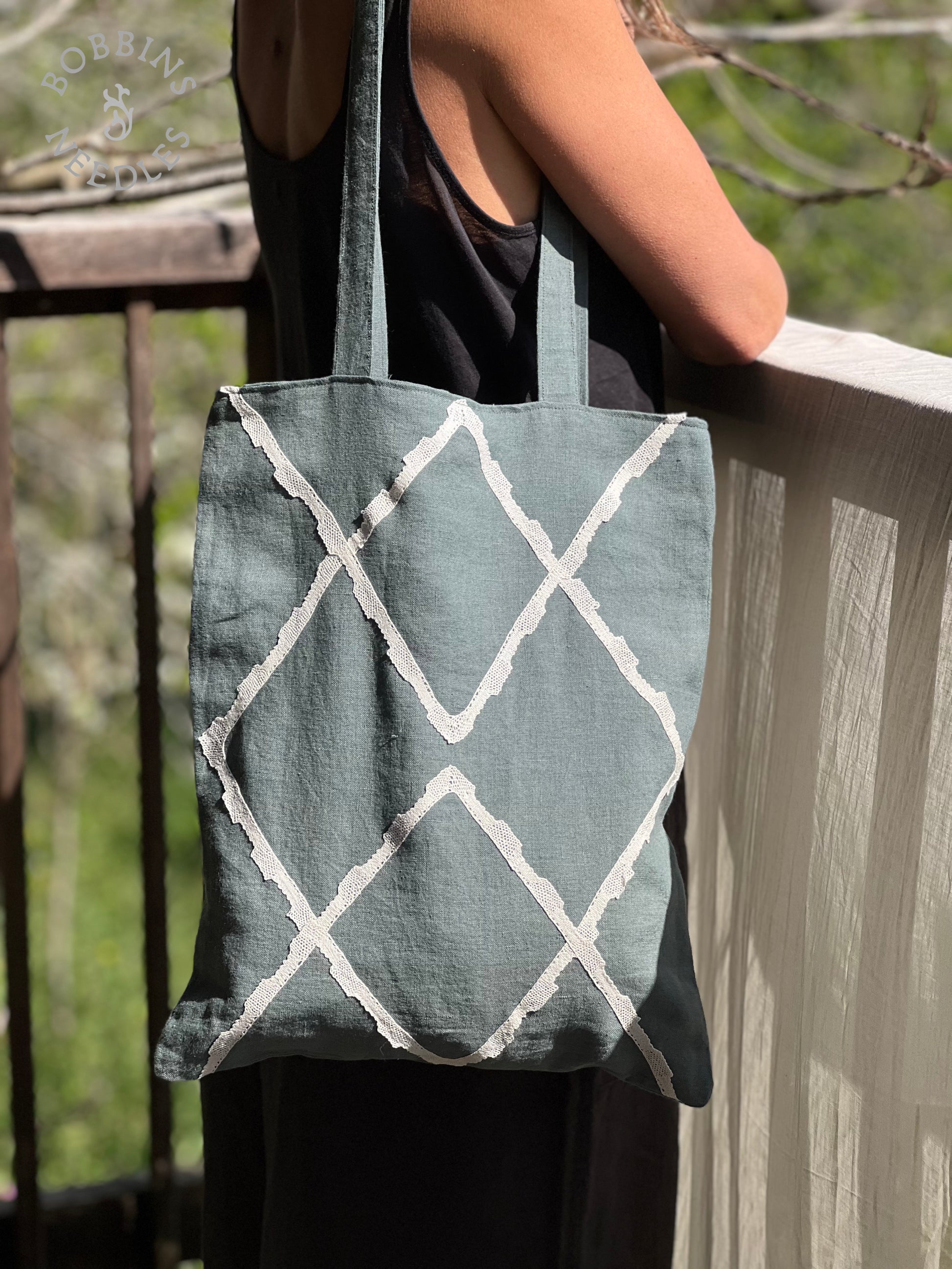 Linen Tote Bag | European Linen | Handmade Lace - Bobbins&Needles