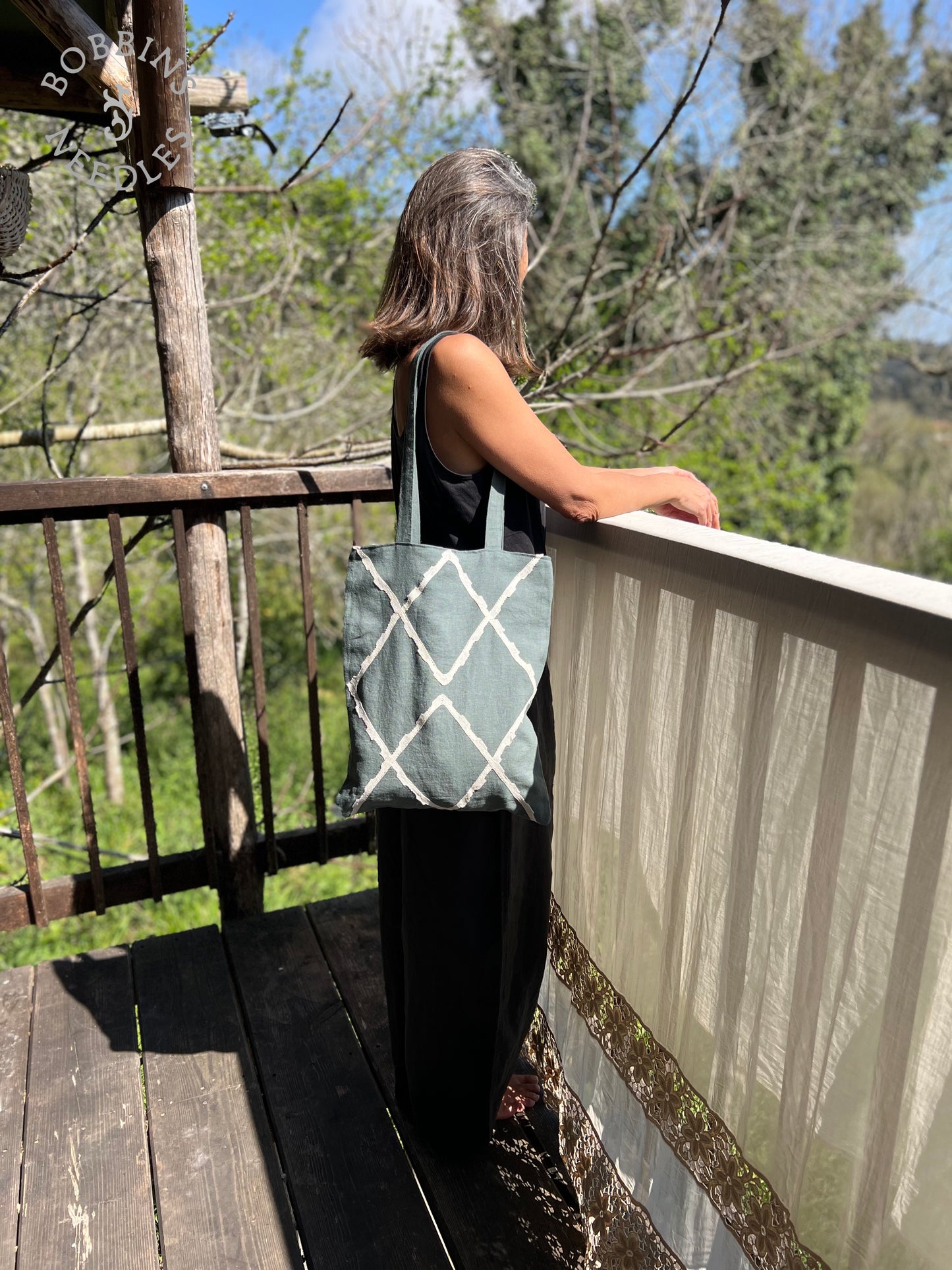 Linen Tote Bag | European Linen | Handmade Lace - Bobbins&Needles