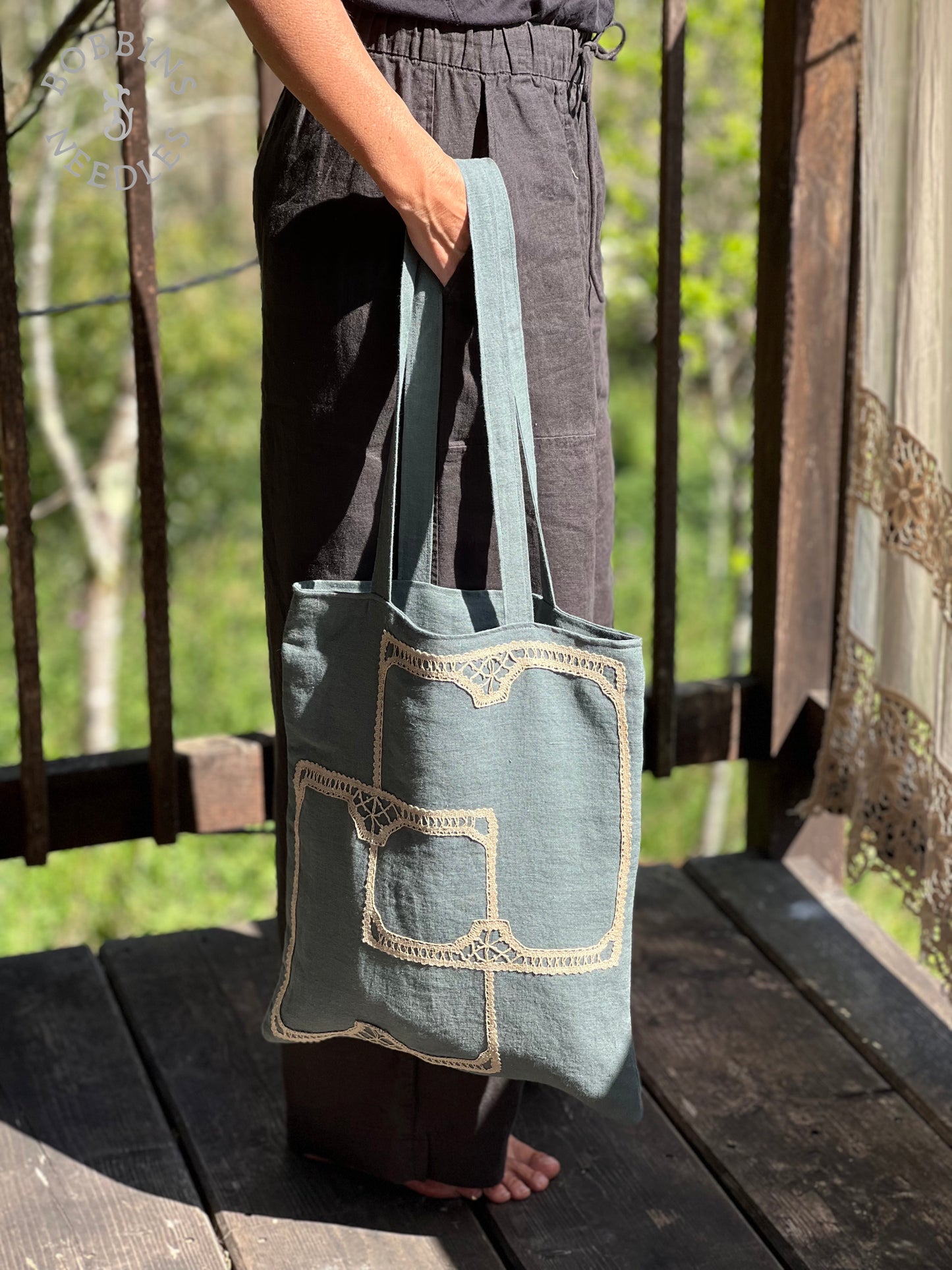Dusty Teal Linen Tote Bag | European Linen | Handmade Lace - Bobbins&Needles