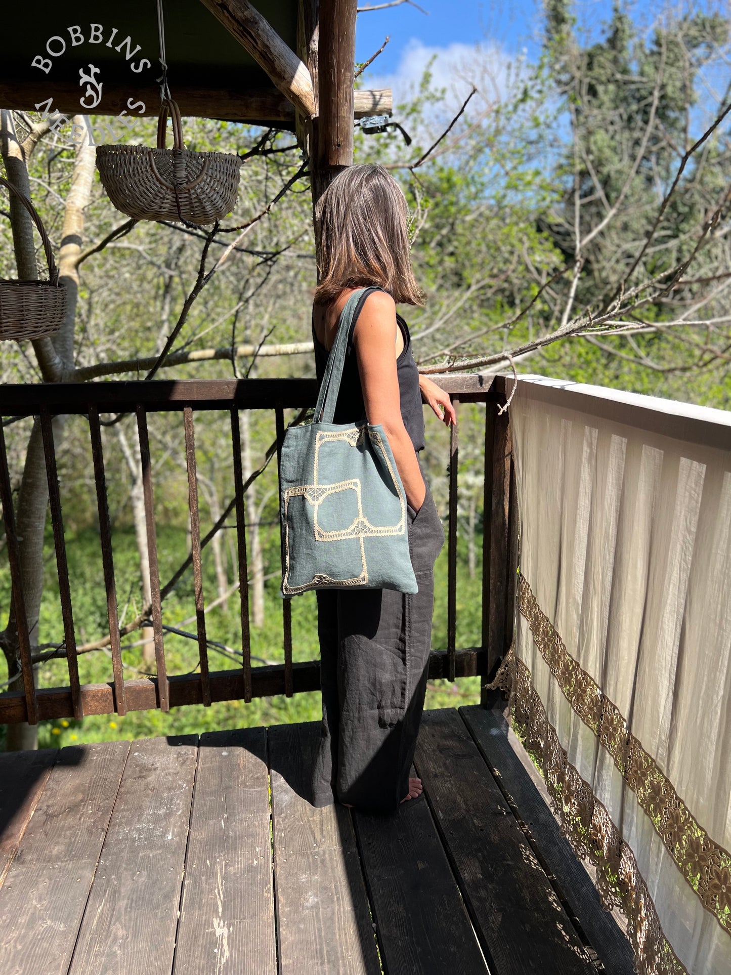 Dusty Teal Linen Tote Bag | European Linen | Handmade Lace - Bobbins&Needles