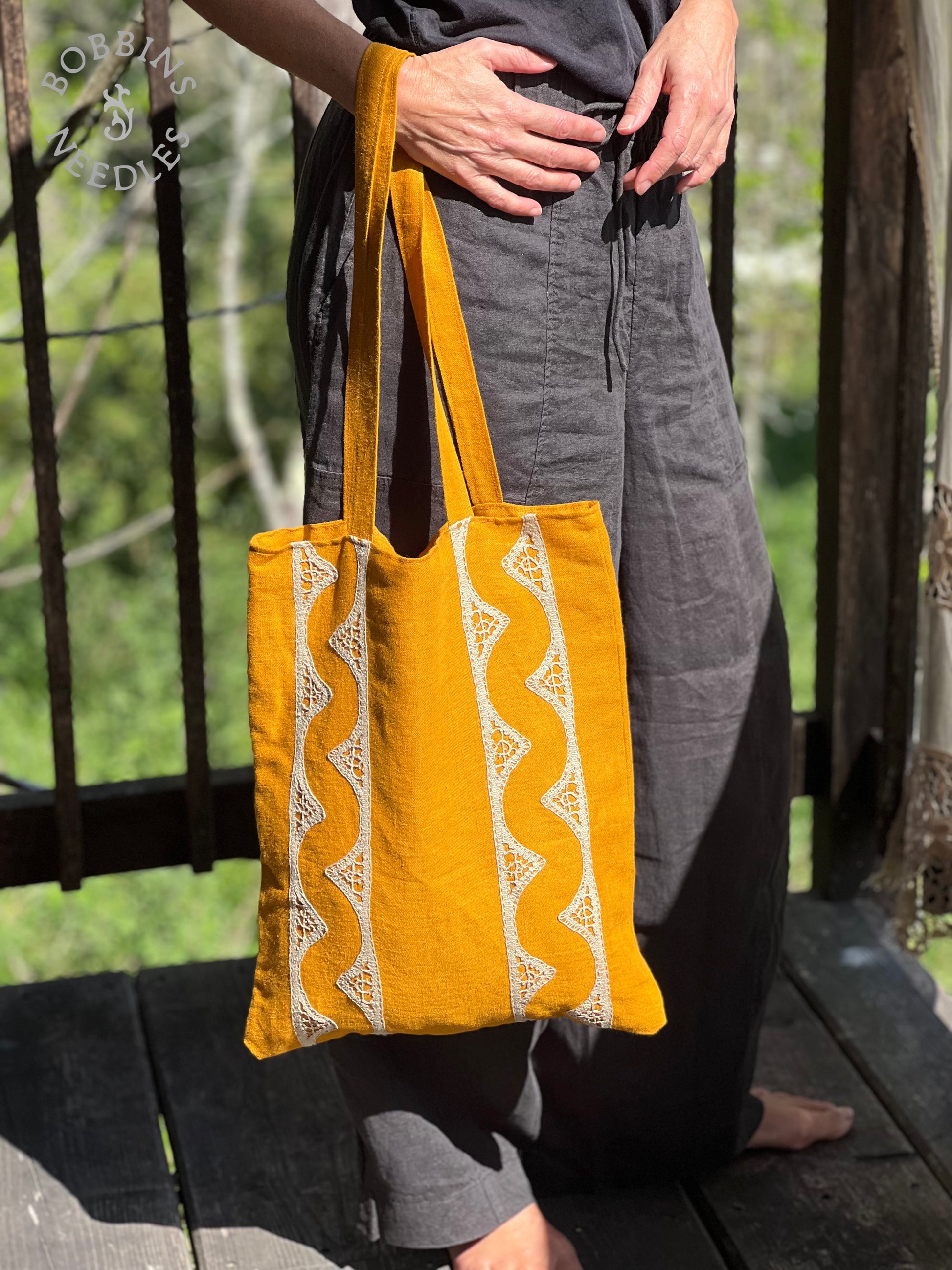 Linen Tote Bag | European Linen | Handmade Lace | Golden Ochre - Bobbins&Needles