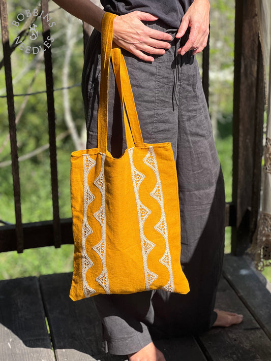 Linen Tote Bag | European Linen | Handmade Lace | Golden Ochre - Bobbins&Needles
