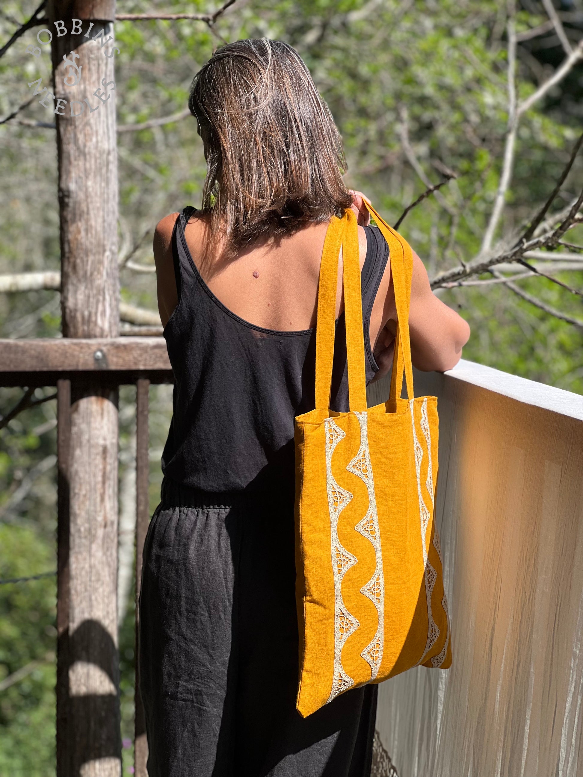 Linen Tote Bag | European Linen | Handmade Lace | Golden Ochre - Bobbins&Needles