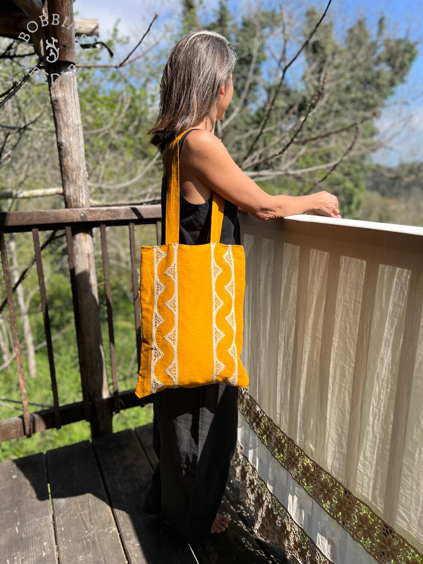 Linen Tote Bag | European Linen | Handmade Lace | Golden Ochre - Bobbins&Needles