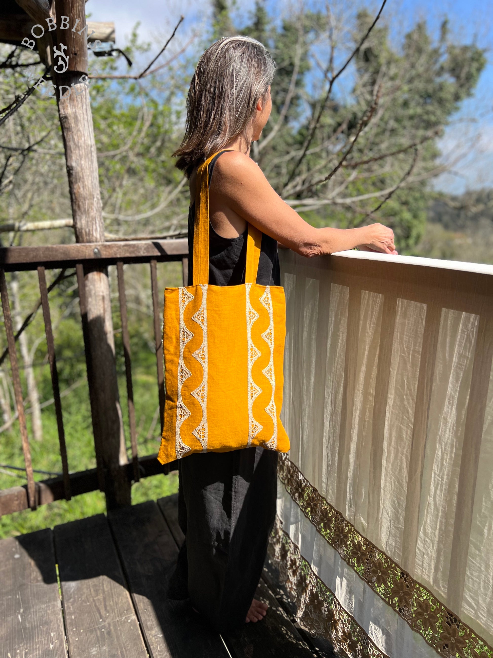 Linen Tote Bag | European Linen | Handmade Lace | Golden Ochre - Bobbins&Needles