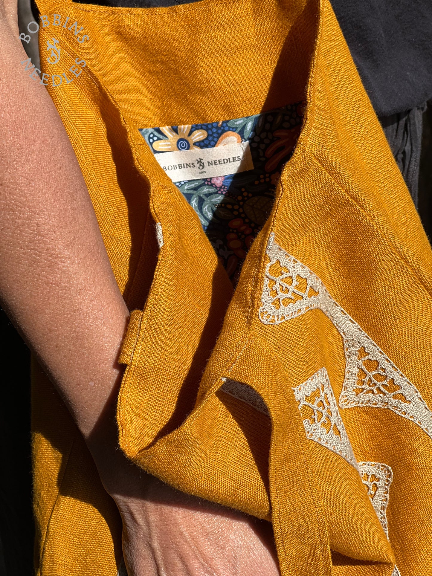 Linen Tote Bag | European Linen | Handmade Lace | Golden Ochre - Bobbins&Needles