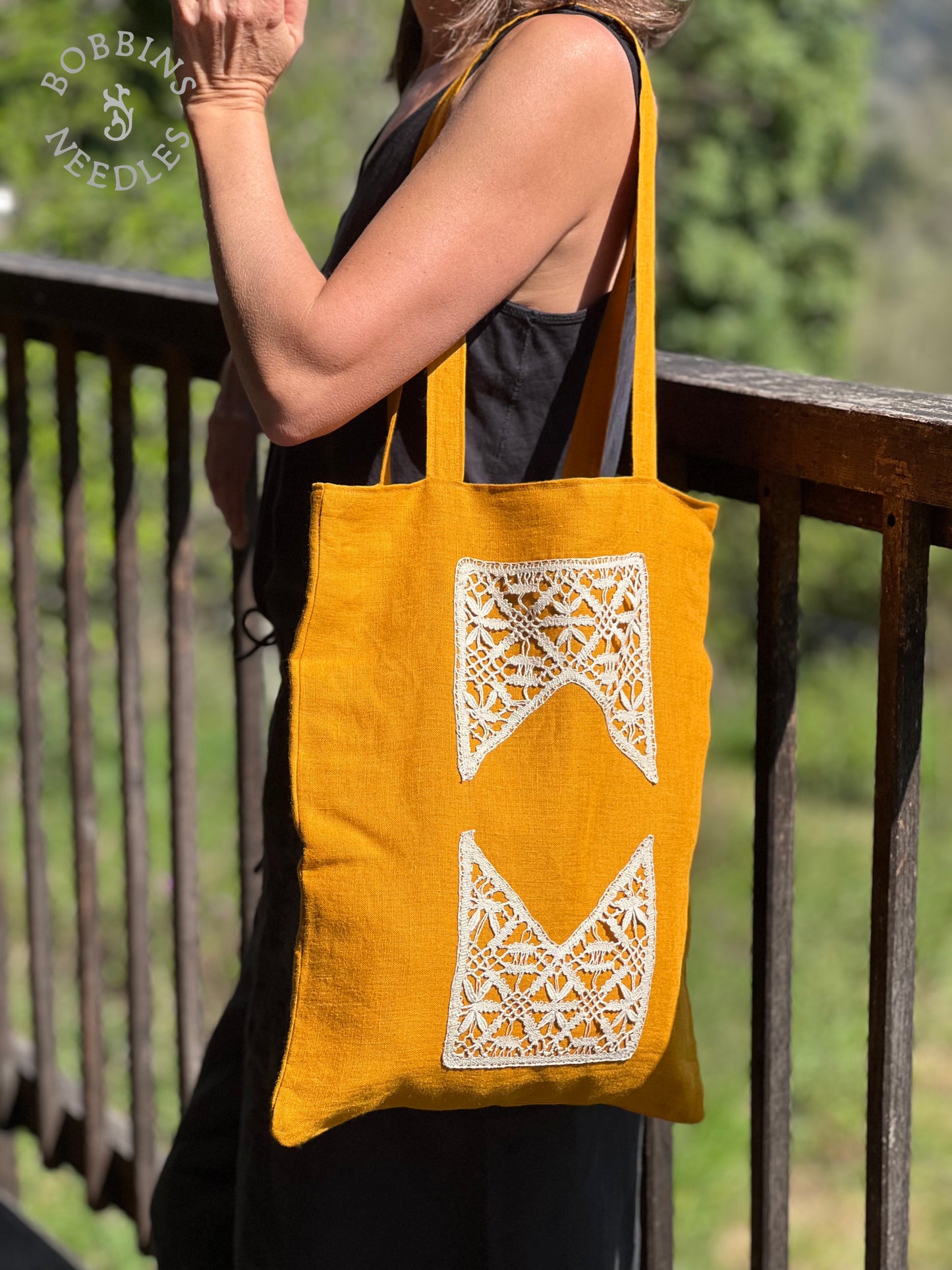 Linen Tote Bag | Handmade French Lace | Golden Ochre - Bobbins&Needles