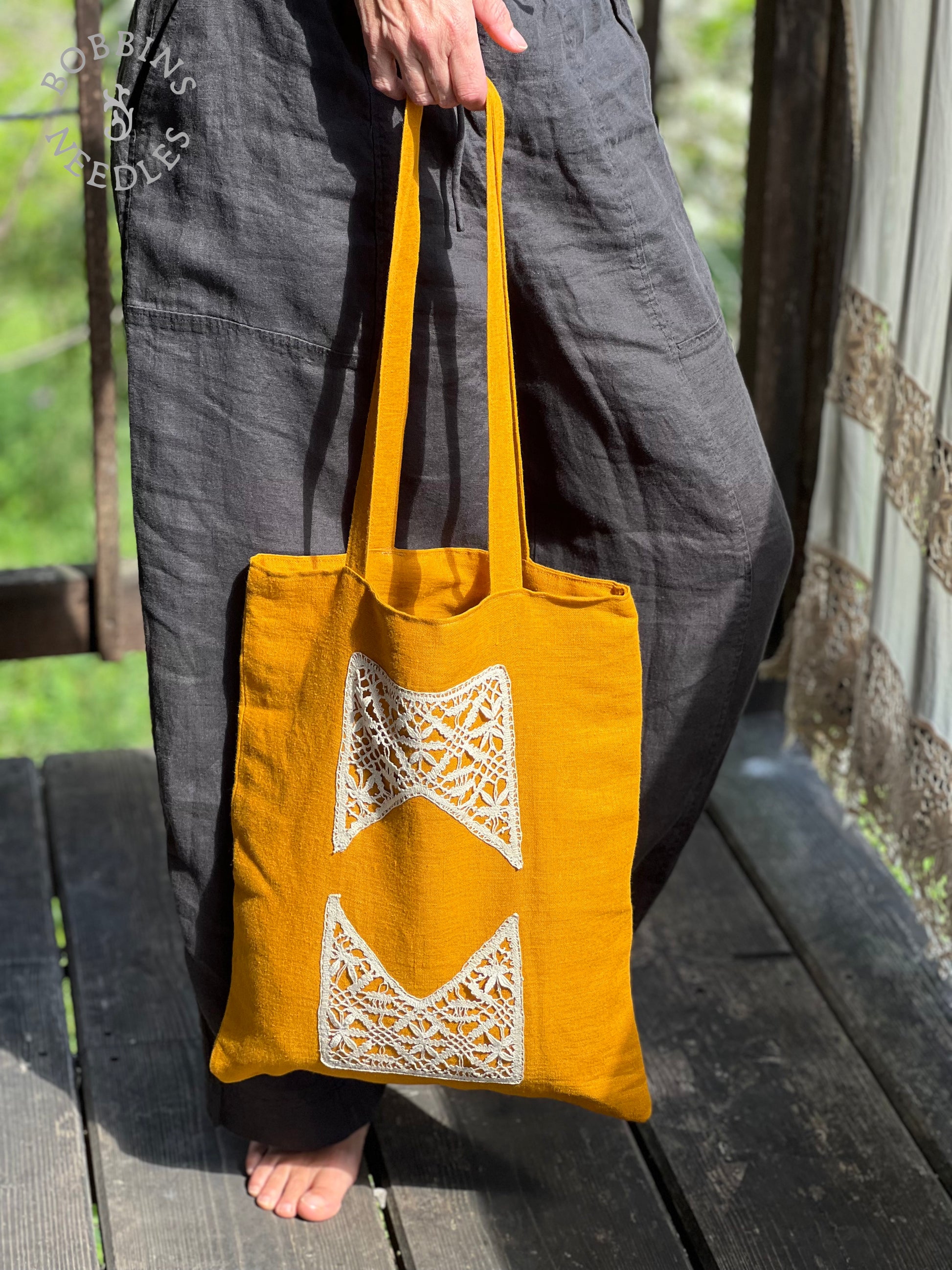 Linen Tote Bag | Handmade French Lace | Golden Ochre - Bobbins&Needles