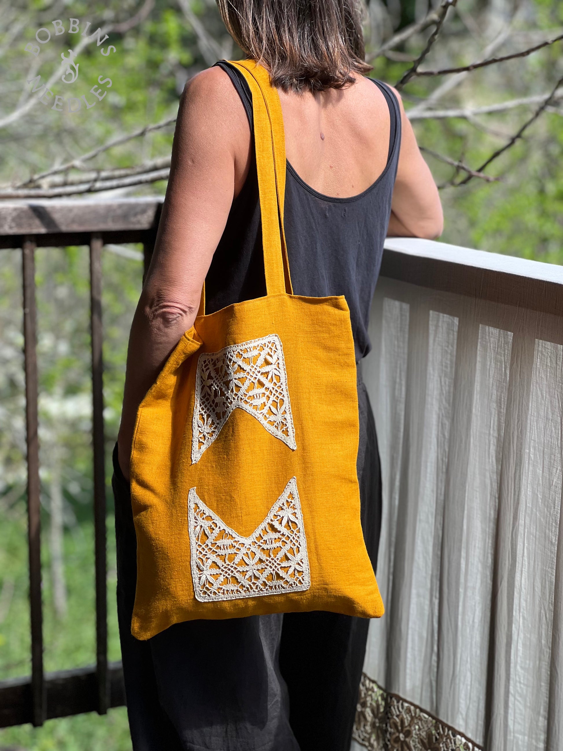 Linen Tote Bag | Handmade French Lace | Golden Ochre - Bobbins&Needles