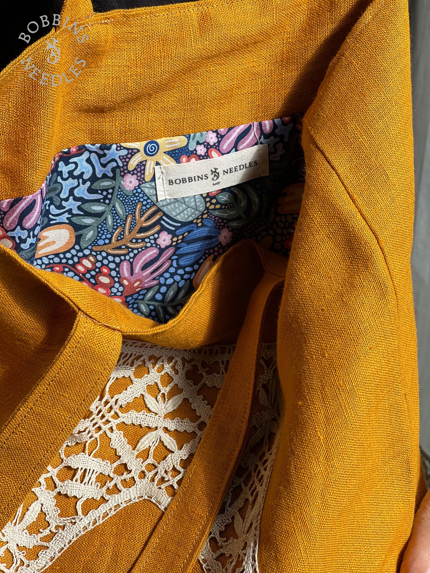 Linen Tote Bag | Handmade French Lace | Golden Ochre - Bobbins&Needles