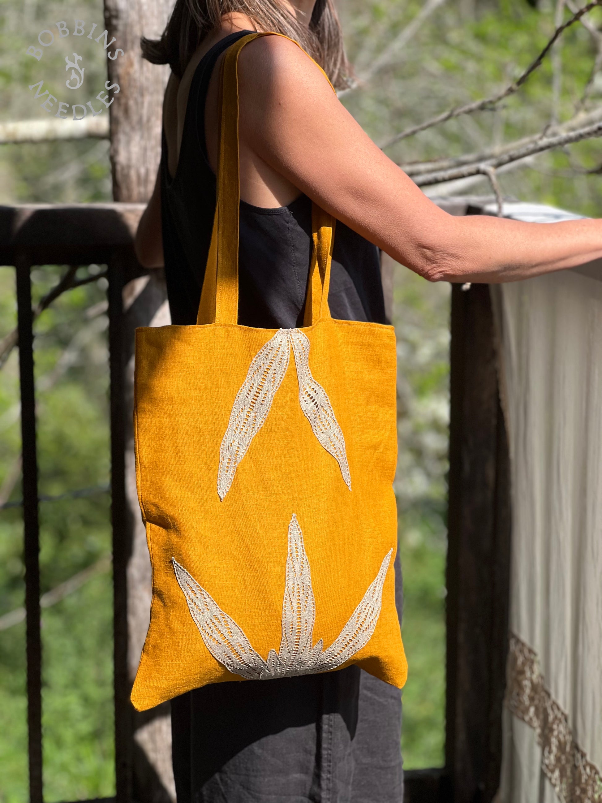 Linen Tote Bag | European Linen | Handmade | Golden Ochre - Bobbins&Needles