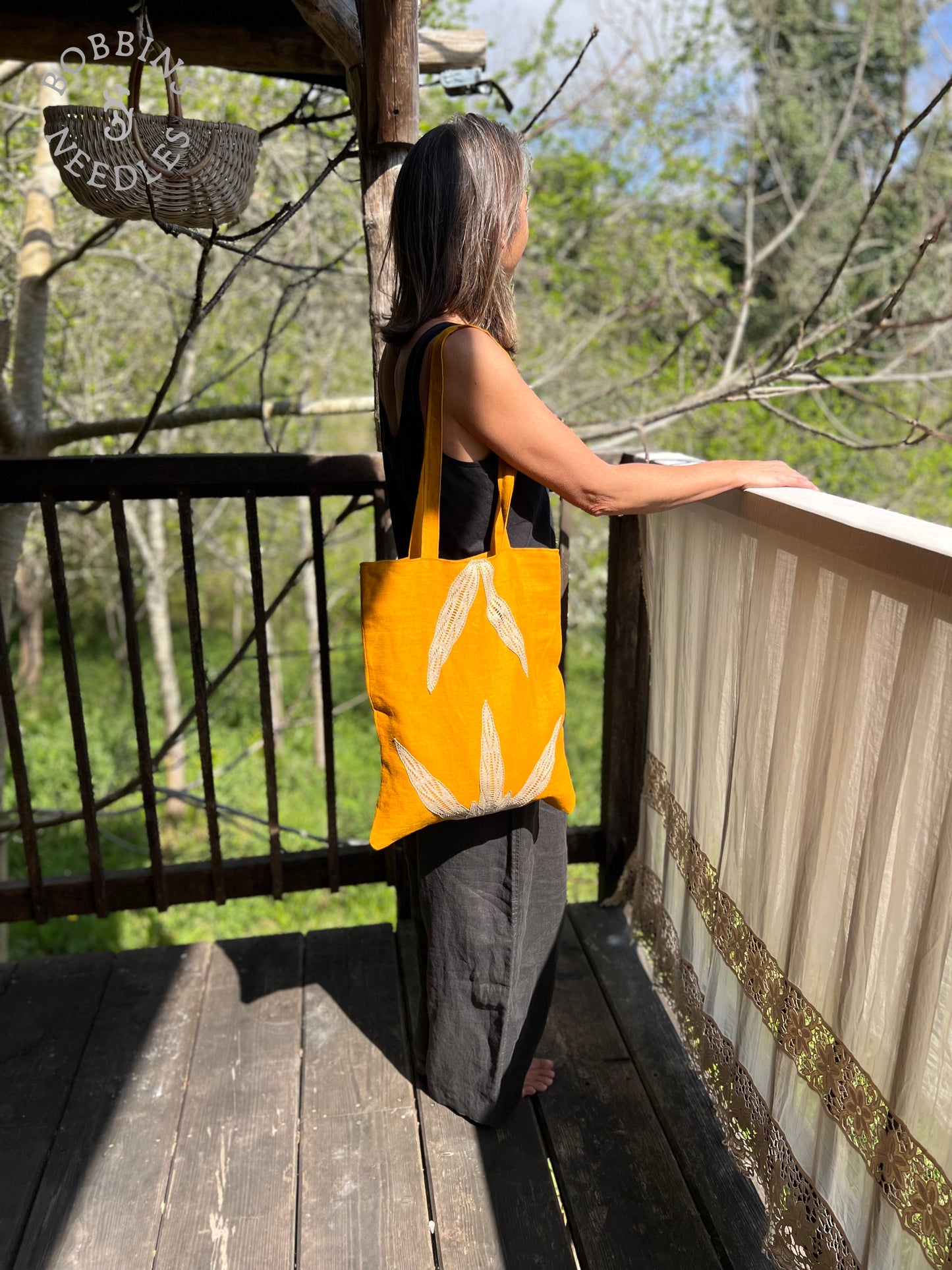 Linen Tote Bag | European Linen | Handmade | Golden Ochre - Bobbins&Needles